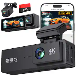 E-YEEGER - 4K+2.5K+1080P 3 Channel Dash Cam Front, Rear, Inside, 64GB SD, 3.2" Screen, Wi-Fi App, 4 IR Night Vision, G-Sensor Lock - Black