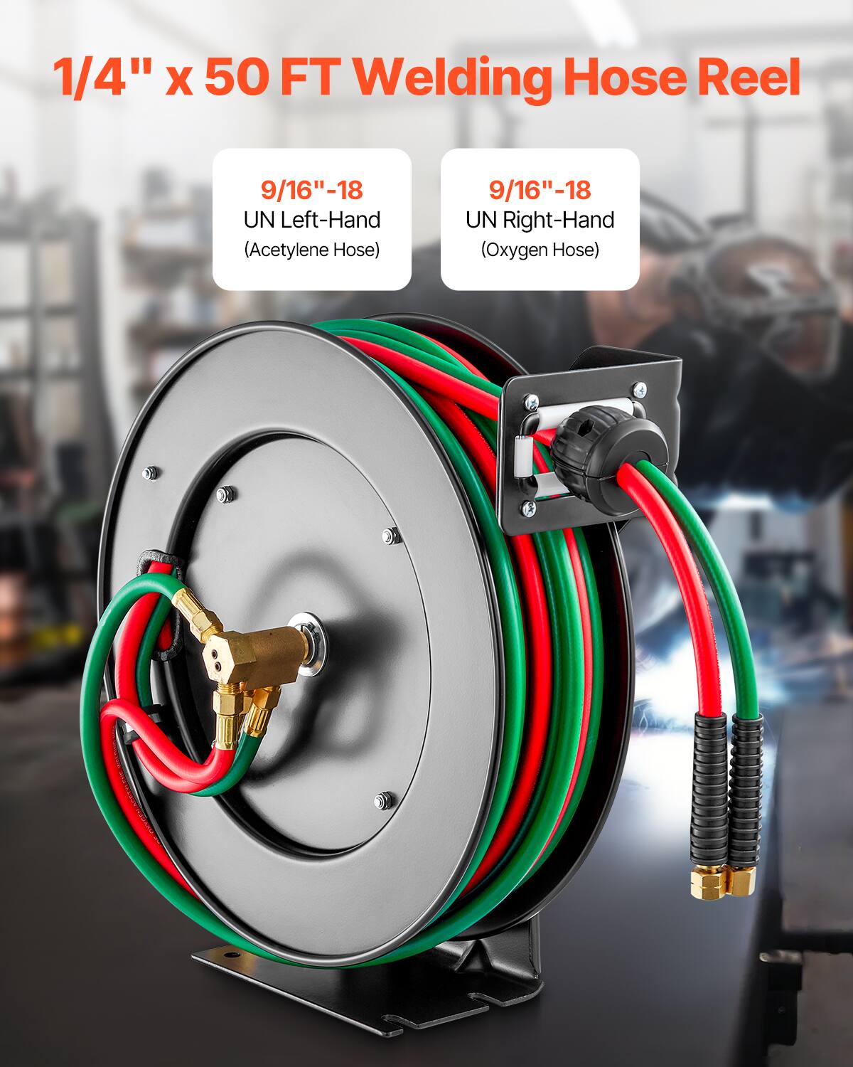 1/4" x 50 FT Welding Hose Reel

9/16"-18 UN Left-Hand (Acetylene Hose)

9/16"-18 UN Right-Hand (Oxygen Hose)