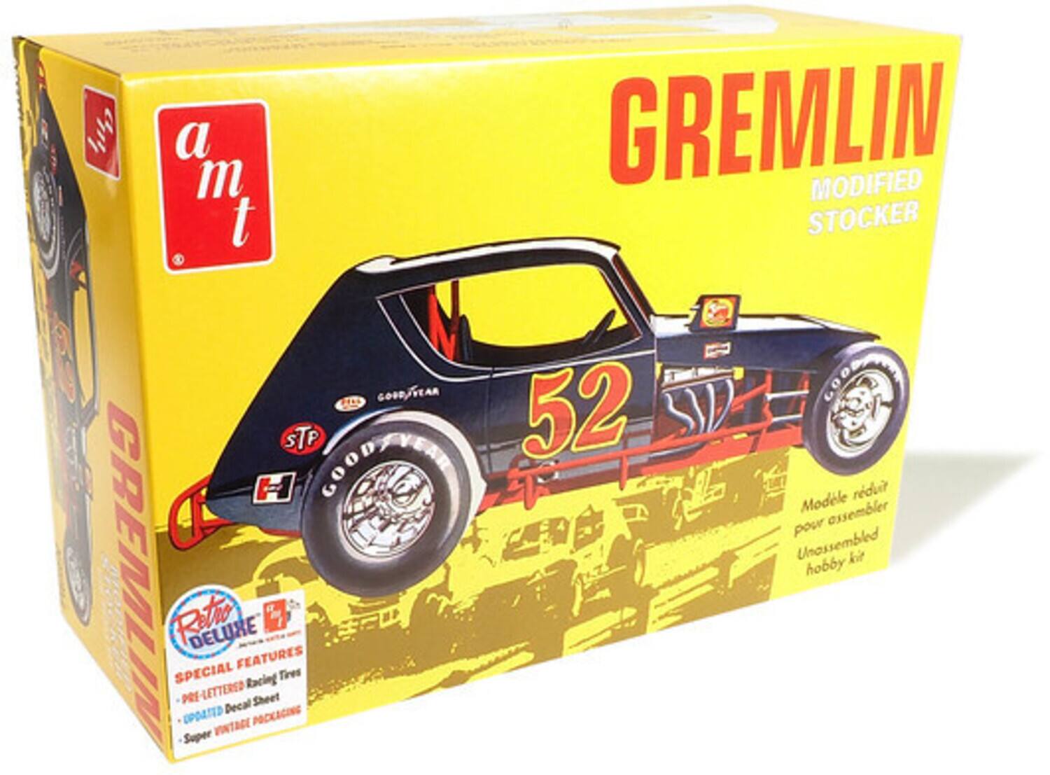 GREMLIN MODIFIED STOCKER  
52  
STP  
GOOD YEAR  
Model réduit pour assembler Unassembled hobby kit  
Retro DELUXE  
SPECIAL FEATURES  
- PRE-LETTERED Racing Tires  
- UPDATED Decal Sheet  
- Super VINTAGE PACKAGING