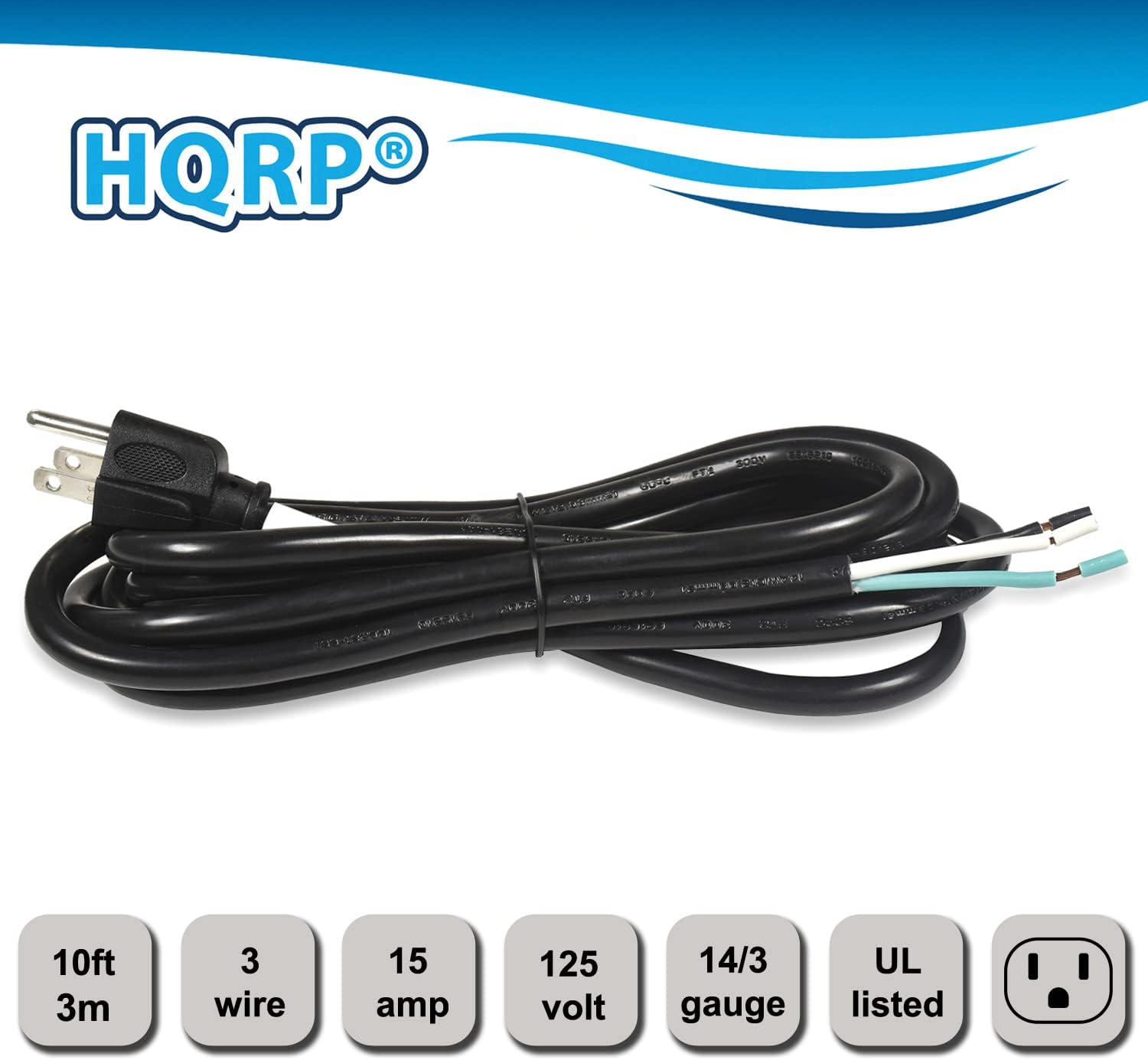 HQRP 10ft 3m 3 wire 15 amp 125 volt 14/3 gauge UL listed