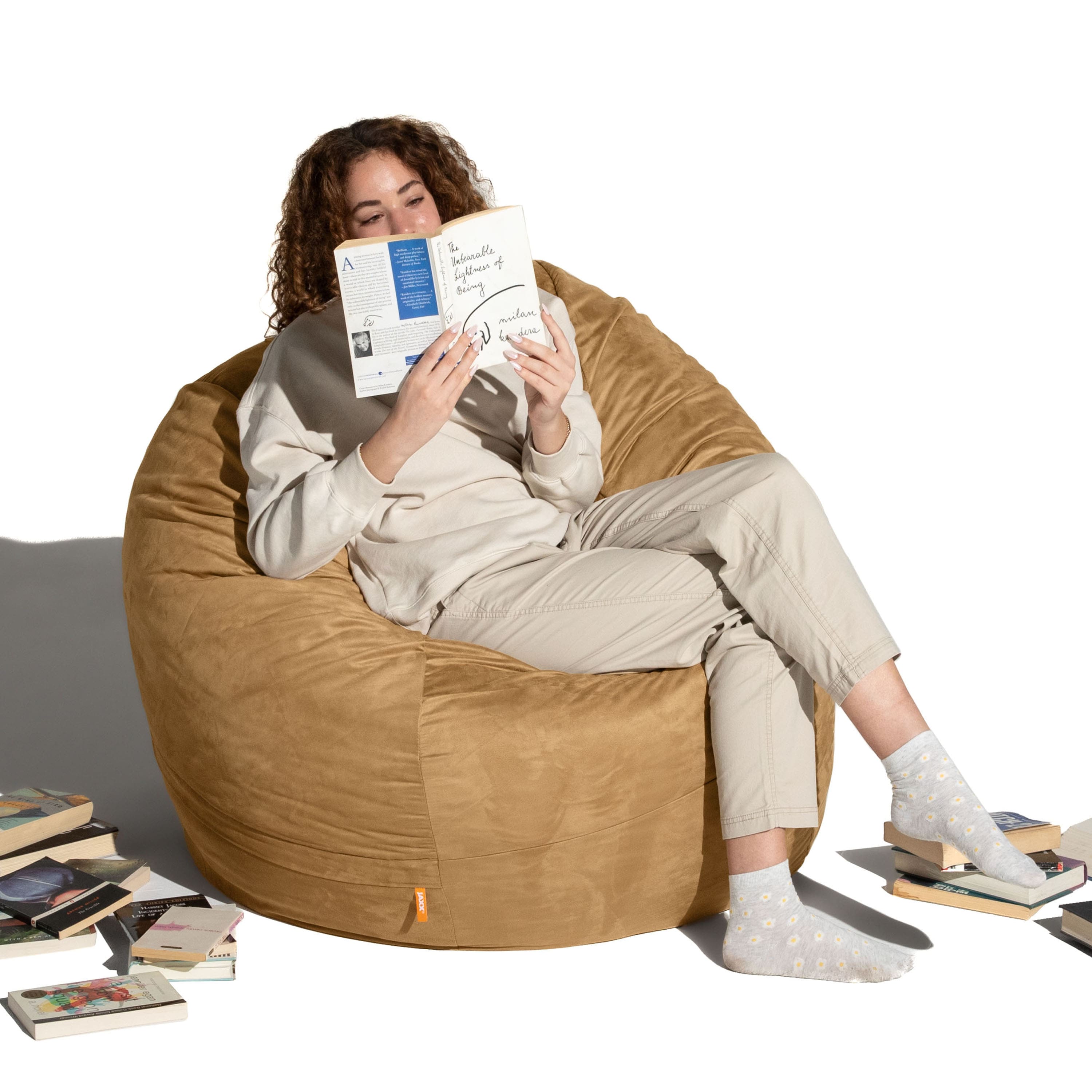 Jaxx - Basics 4 Foot Large Adult Bean Bag Chair, Oversized with Filler - Beige