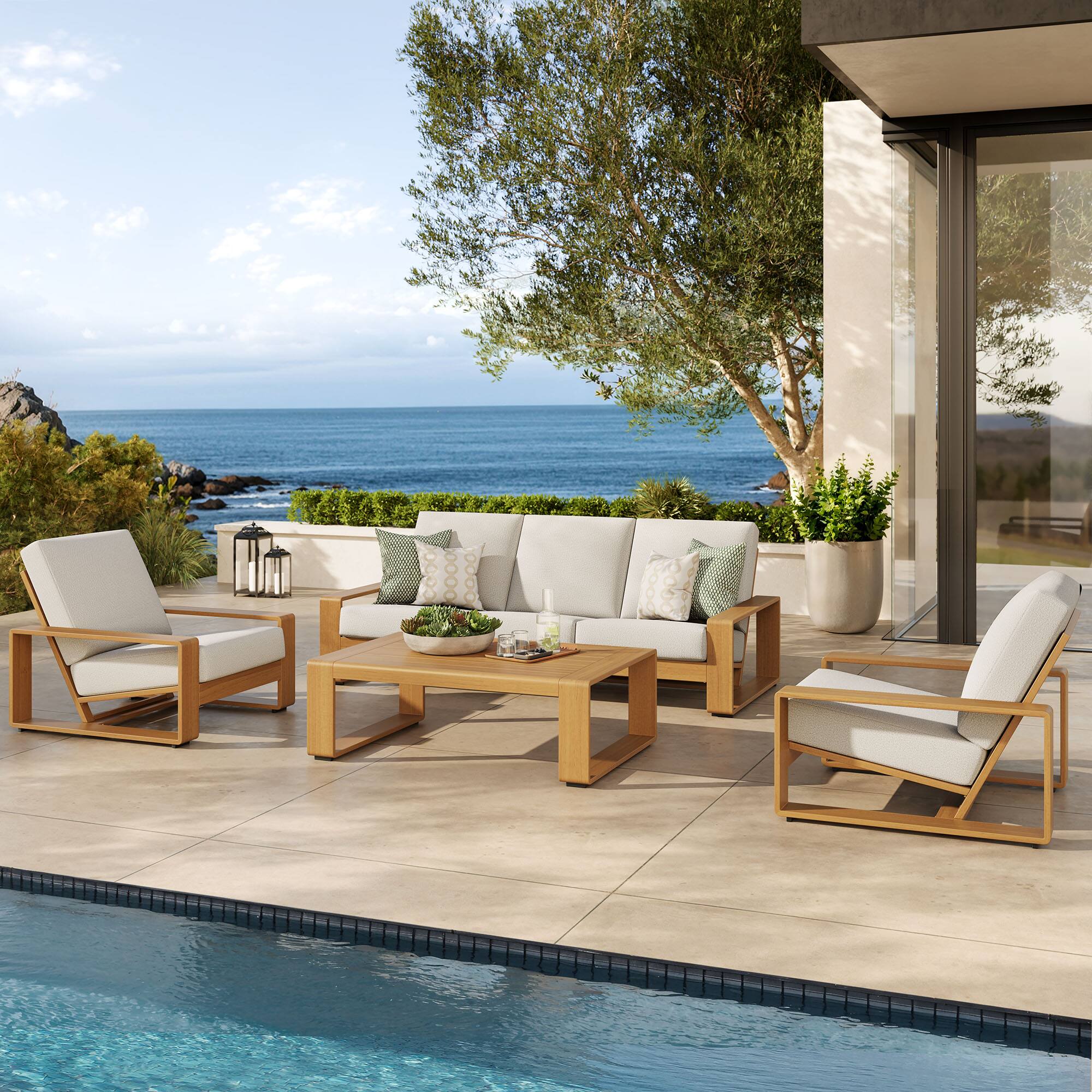 Alt View 6. Modway - Lirienne 4-Piece Outdoor Patio Aluminum Faux Wood Furniture Set - Ivory Natural.