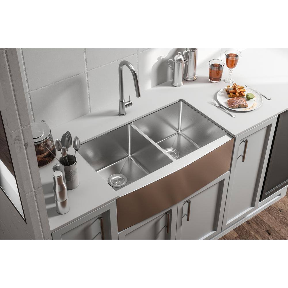Alt View 6. Elegant Kitchen and Bath - Stainless Steel farmhouse kitchen double sink L33'' x W21'' x H10" - Stainless Steel.
