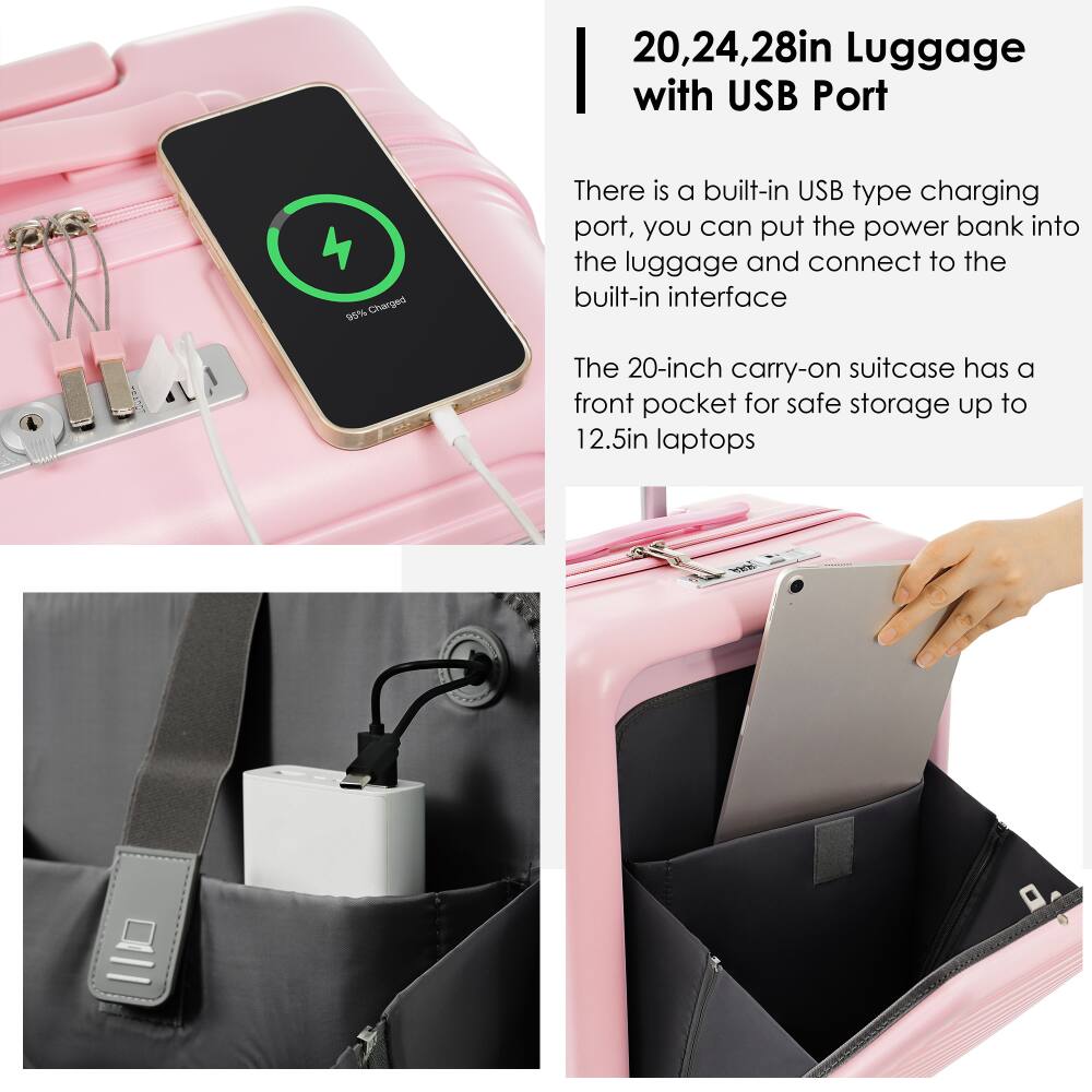 20, 24, 28in Luggage with USB Port

There is a built-in USB type charging port, you can put the power bank into the luggage and connect to the built-in interface.

The 20-inch carry-on suitcase has a front pocket for safe storage up to 12.5in laptops.