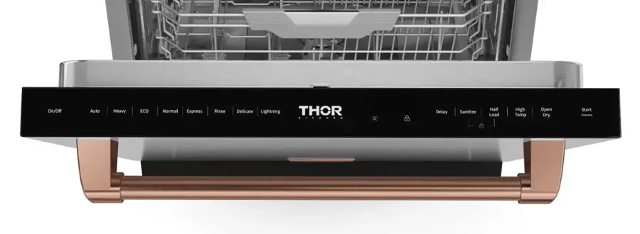 The text on the image reads: On/Off Auto Heavy ECO Normal Express Rinse Delicate Lightning THOR Delay Sanitize Half Load High Temp Open Dry Start Resume.