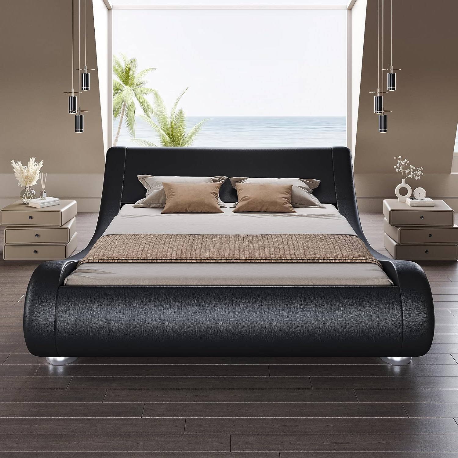 Angle. Hivvago - Hivvago Full Modern Upholstered Platform Bed Frame with Sleigh Curved Headboard - Black.