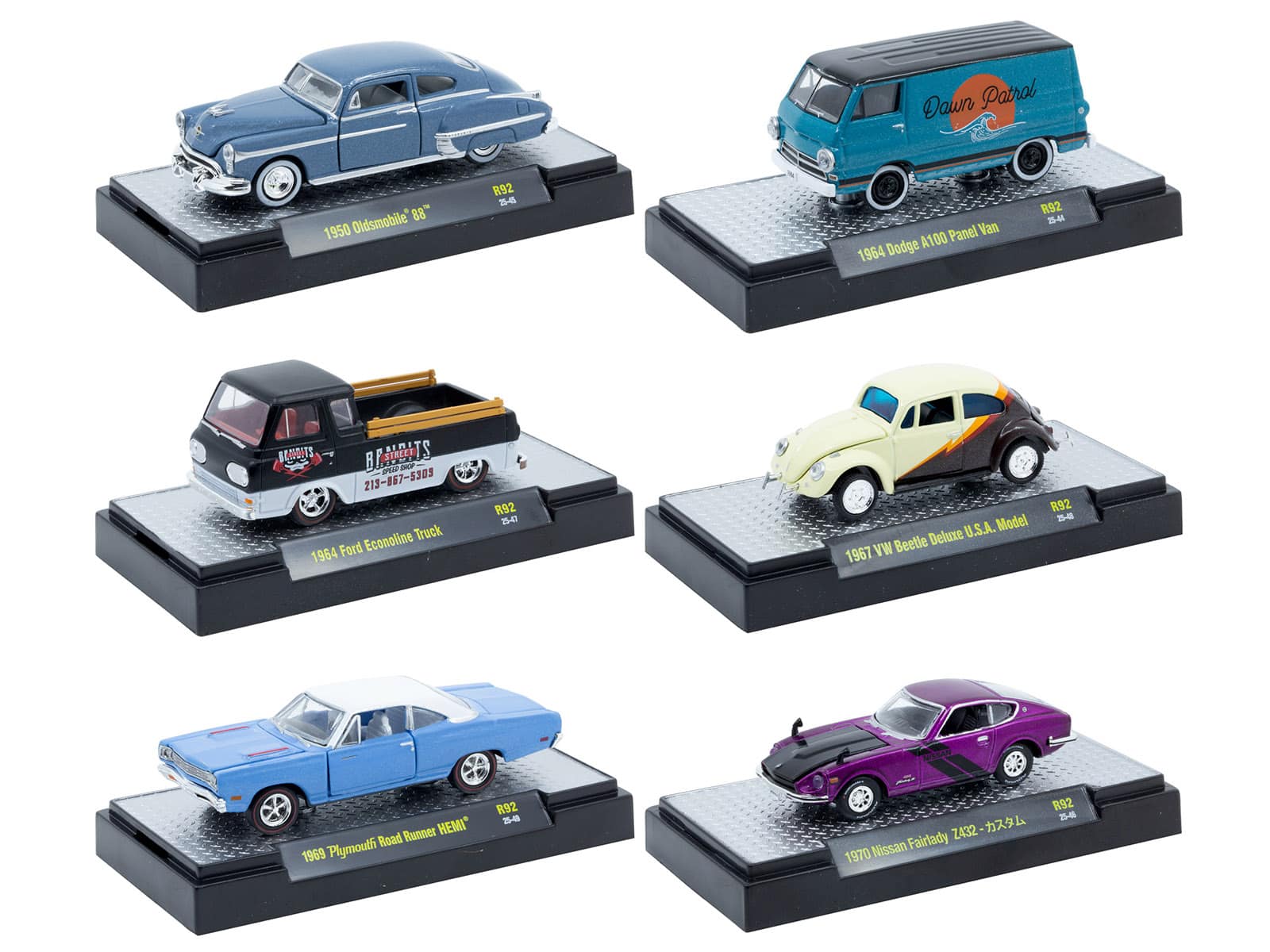 "Auto Meets" Set of 6 Cars IN DISPLAY CASES Release 92 Limited Edition 1/64 Diecast Model Cars by M2 Machines - Multicolor
