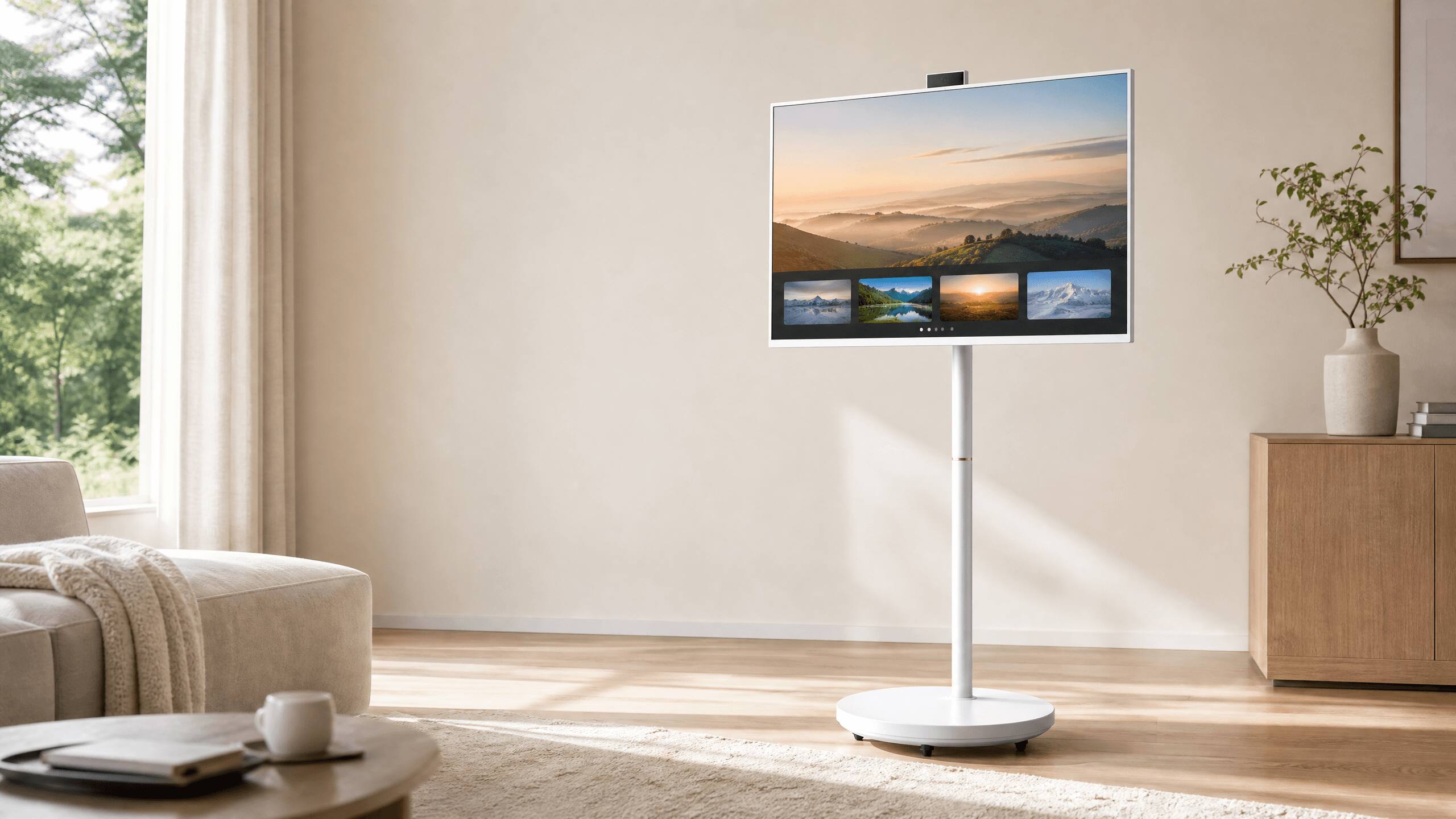 Alt View 2. MESWAO - 32-Inch Portable Smart TV on Wheels, 1080P FHD Touchscreen, Android 13, 8GB RAM 128GB Storage, Built-in Battery - White.