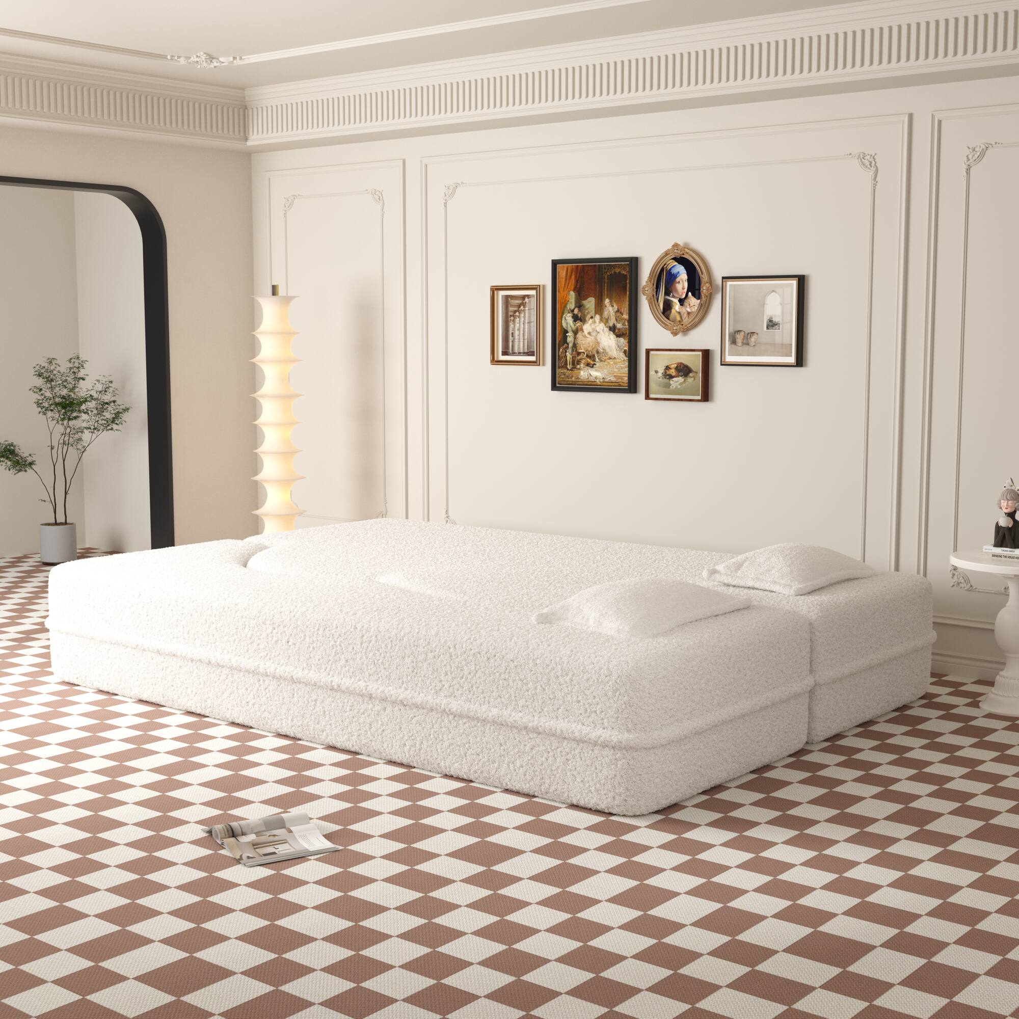 Back. GOODSILO - Convertible Floor Sofa Bed with 2 Pillows, Full Size Folding Mattress for Living Room and Guest Spaces - Beige+White.