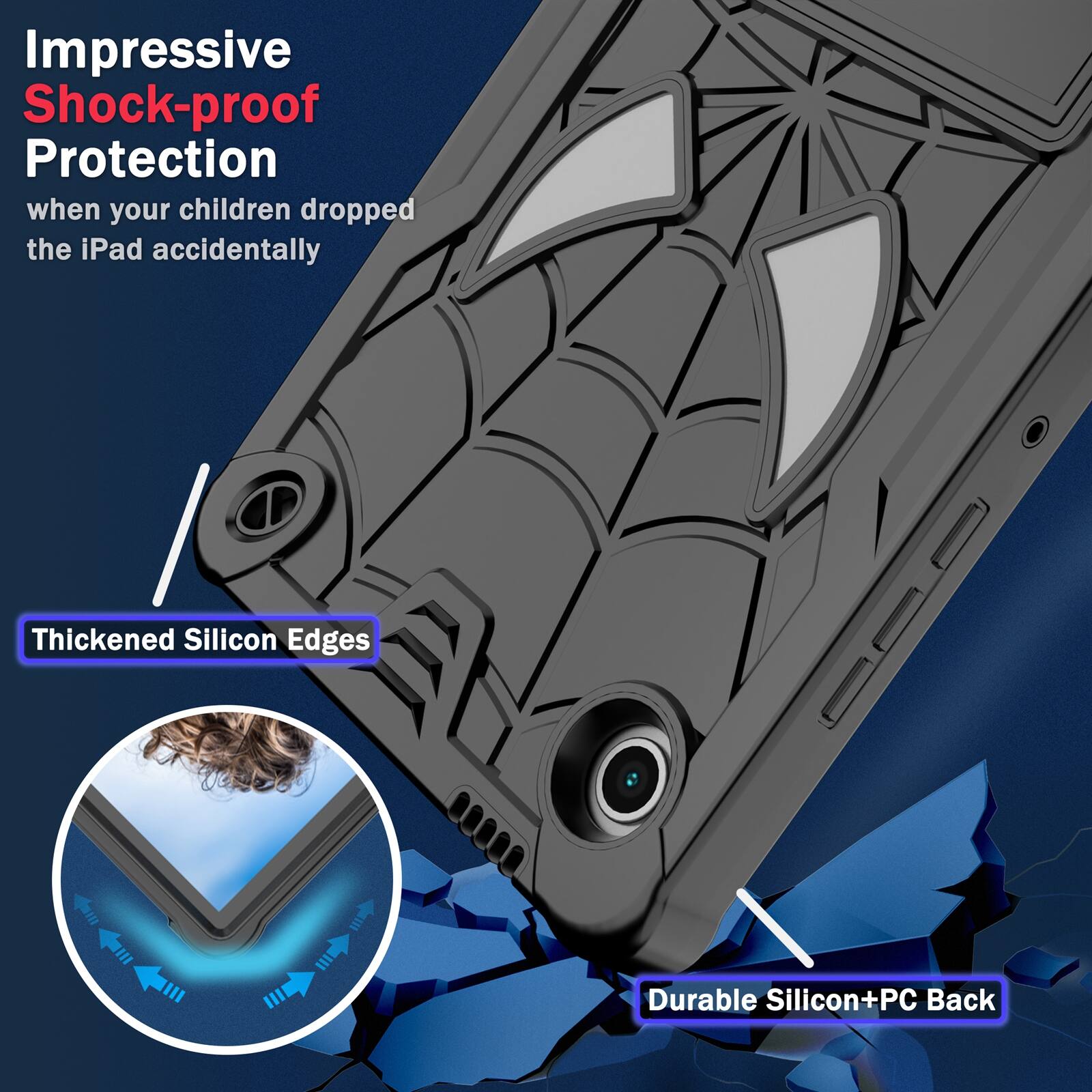 Impressive Shock-proof Protection when your children dropped the iPad accidentally

Thickened Silicon Edges

Durable Silicon+PC Back