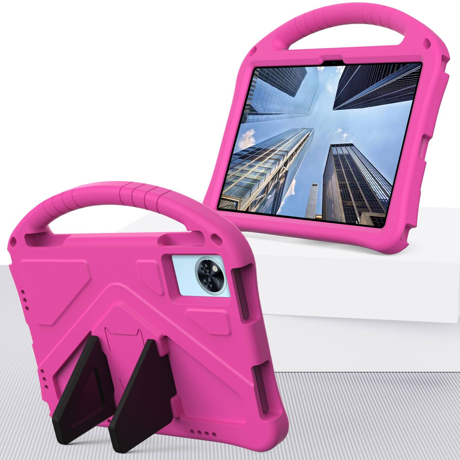 Angle. UUCOVER - Kids Case for Lenovo Idea Tab 11 inch (TB336) 2025 / Lenovo K11 Gen 2,Shockproof EVA Case Handle Kickstand Back Cover - Rose.