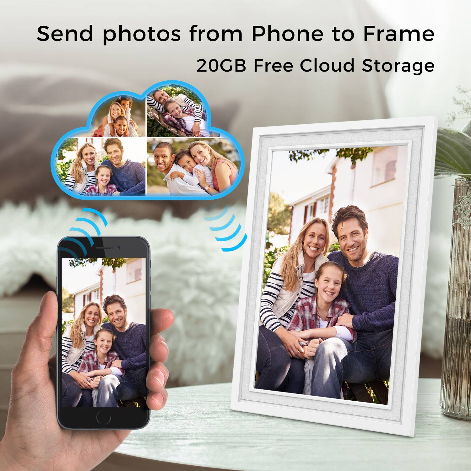 Send photos from Phone to Frame  
20GB Free Cloud Storage