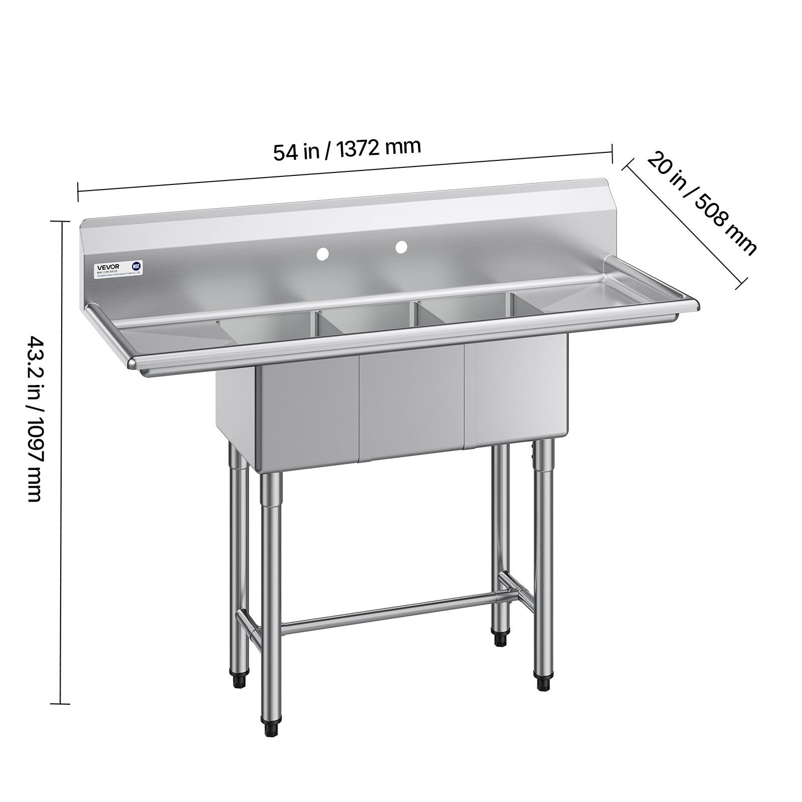 VEVOR 54 in / 1372 mm 20 in / 508 mm 43.2 in / 1097 mm