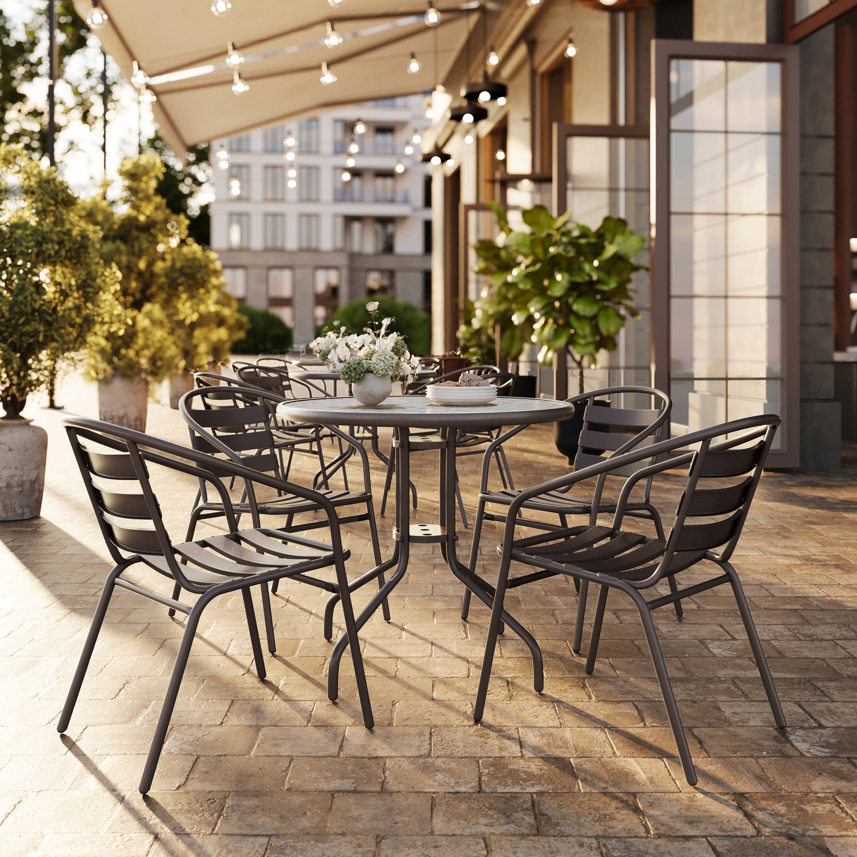 Alt View 1. Flash Furniture - Lila 31.5'' Round Glass Top Metal Table with 4 Bronze Aluminum Slat Stack Chairs - Brown.