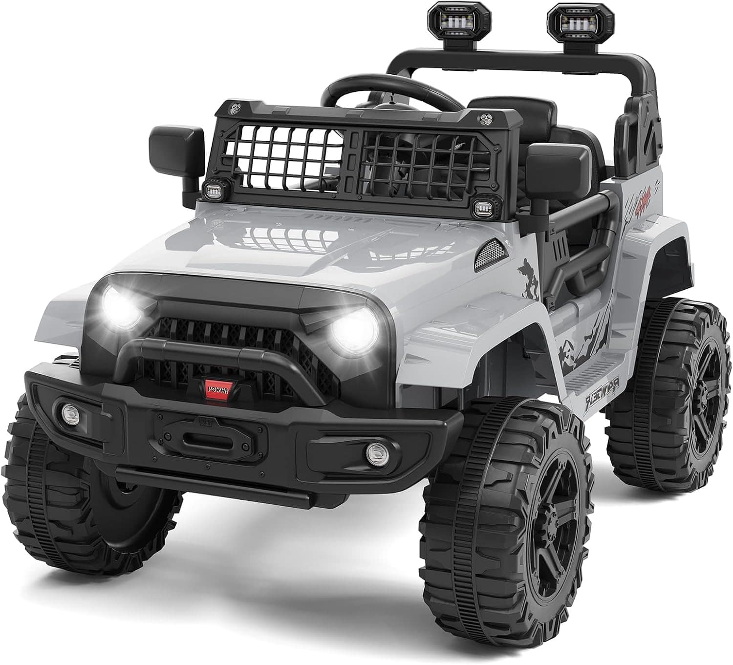 Homhougo - 12V Kids Ride On Car with Parent Remote, 4-Wheel Suspension, Bluetooth Music, LED Lights, 3 Speeds, Gray