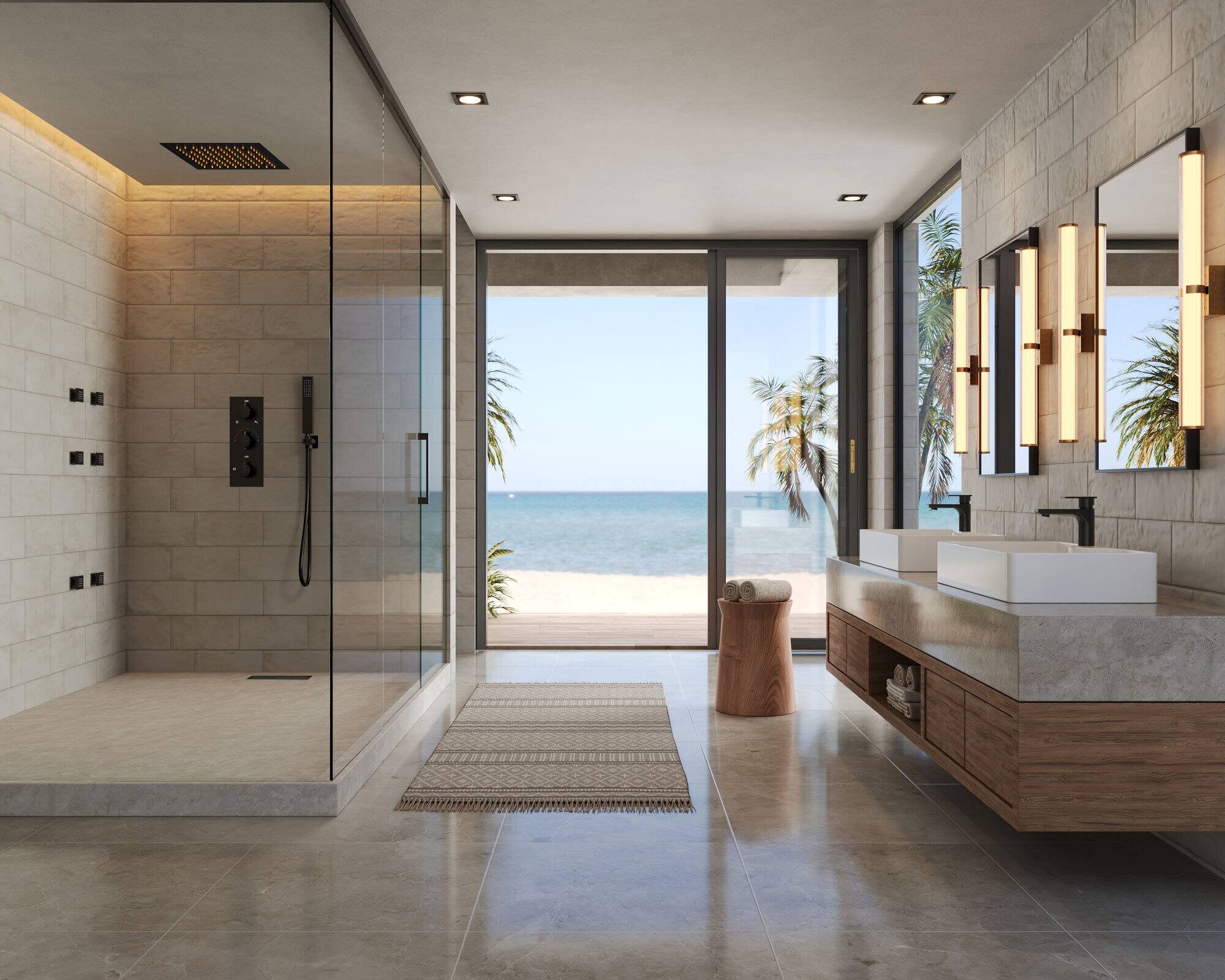 Left. GRANDJOY - Multifunction thermostatic Shower System with LED Rainfall Head, Handheld Spray & 6 Body Jets  - Matte Black.