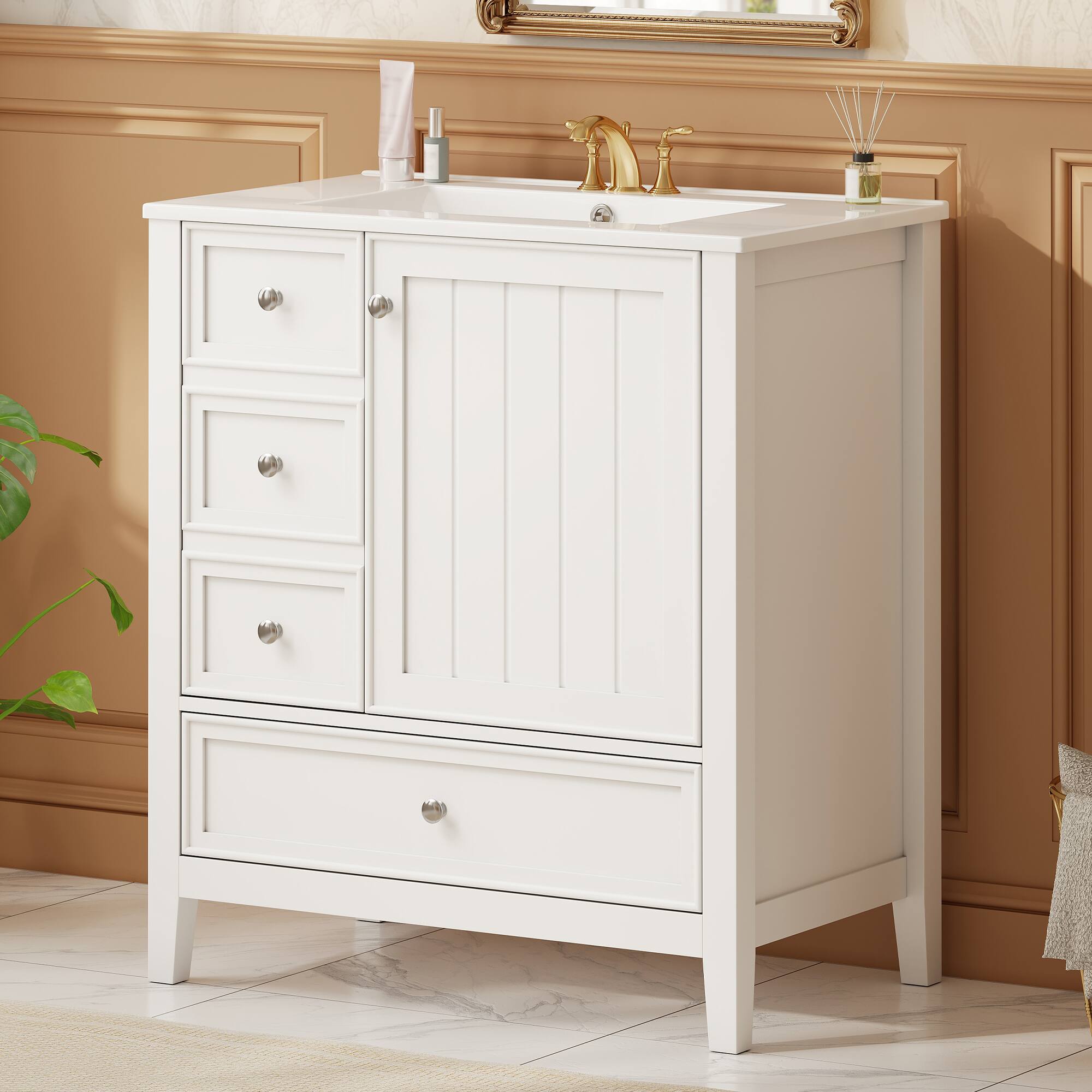 Angle. Whisen - 30" Bathroom Vanity with Ceramic Sink Combo 3-Drawer 1-Cabinet Freestanding Storage Cabinet - White.
