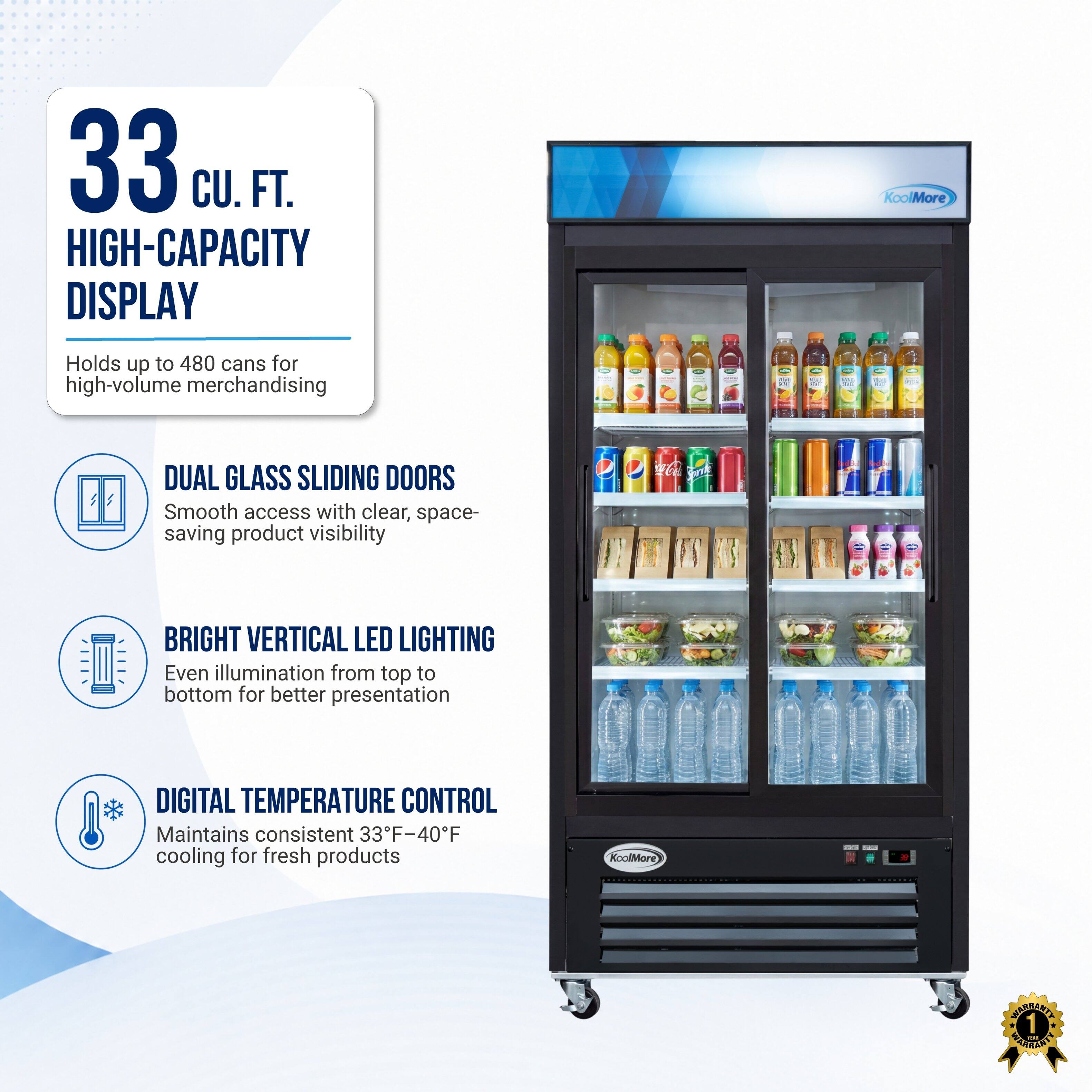 33 CU. FT. HIGH-CAPACITY DISPLAY  
KoolMore  
Holds up to 480 cans for high-volume merchandising  

DUAL GLASS SLIDING DOORS  
Smooth access with clear, space-saving product visibility  

BRIGHT VERTICAL LED LIGHTING  
Even illumination from top to bottom for better presentation  

DIGITAL TEMPERATURE CONTROL  
Maintains consistent 33°F-40°F cooling for fresh products  

KoolMore  
1 TON