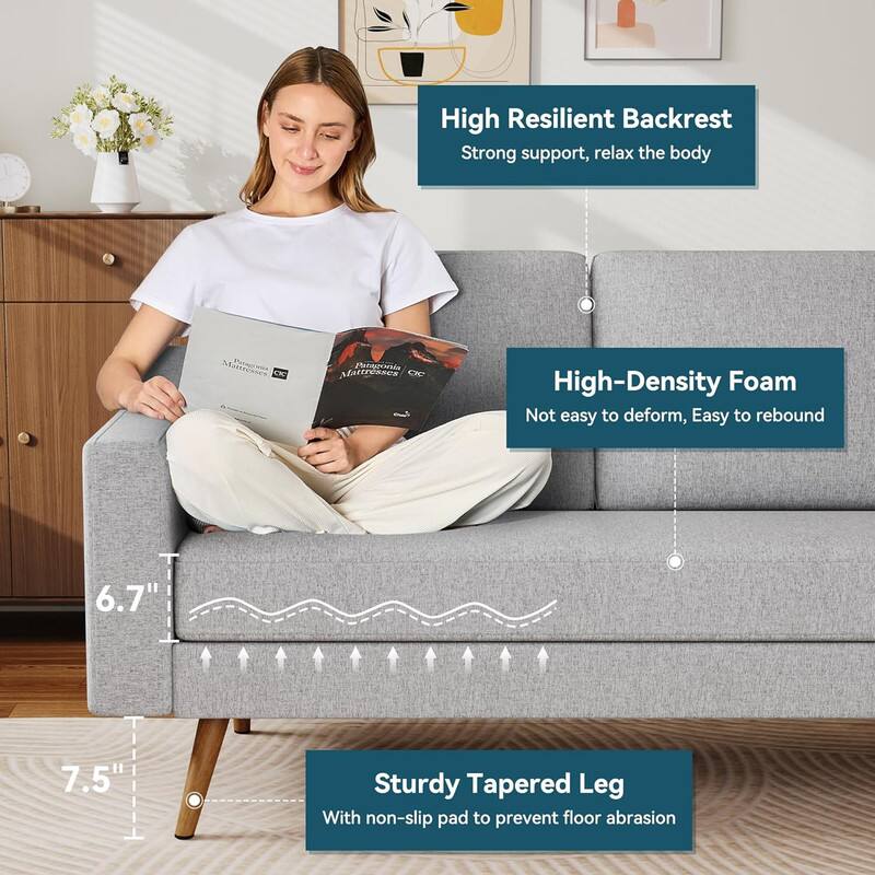 High Resilient Backrest  
Strong support, relax the body  

High-Density Foam  
Not easy to deform, Easy to rebound  

Sturdy Tapered Leg  
With non-slip pad to prevent floor abrasion  

6.7"  
7.5"