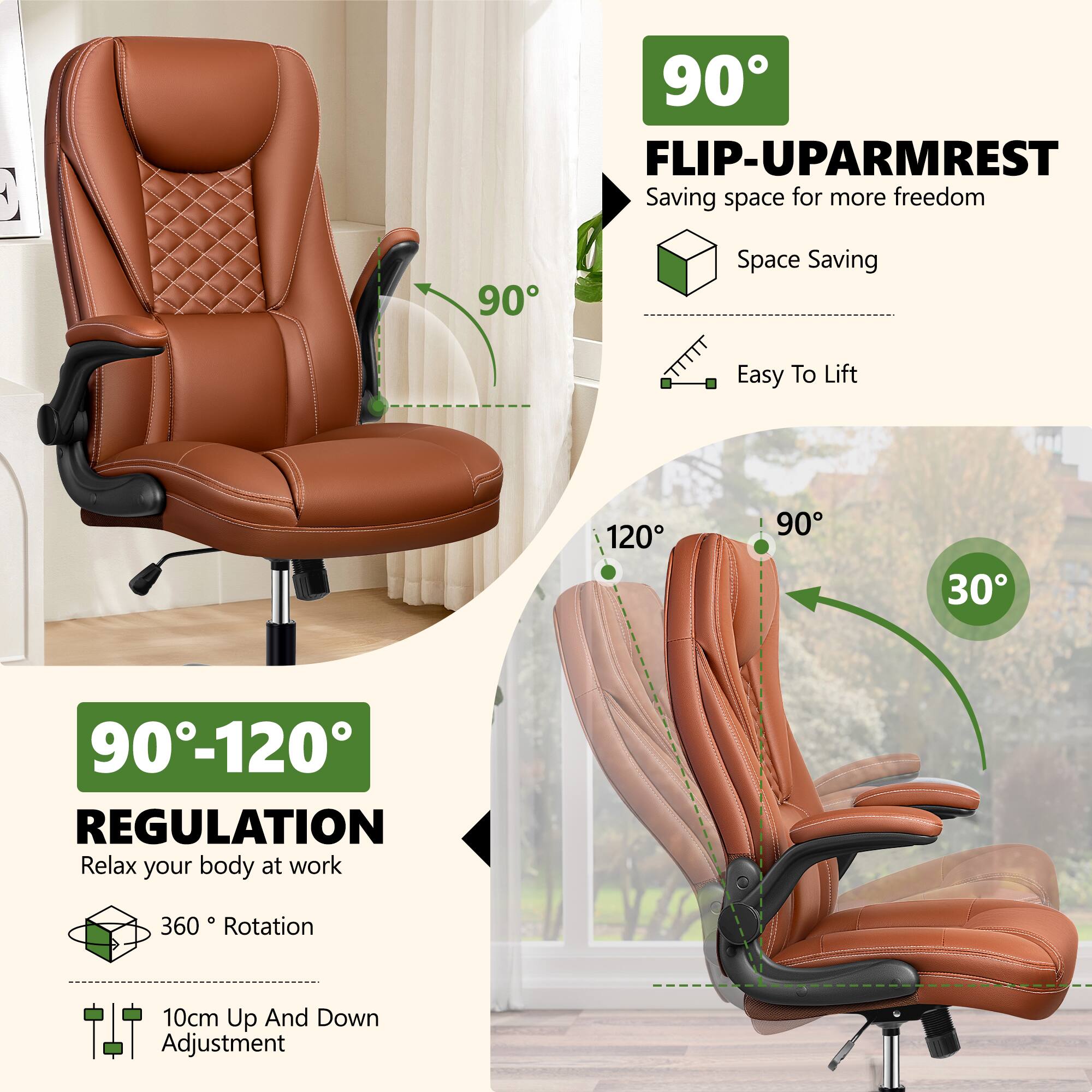 C 90° FLIP-UP ARMREST  
Saving space for more freedom  
Space Saving  
Easy To Lift  

90°-120° REGULATION  
Relax your body at work  
360° Rotation  
10cm Up And Down Adjustment