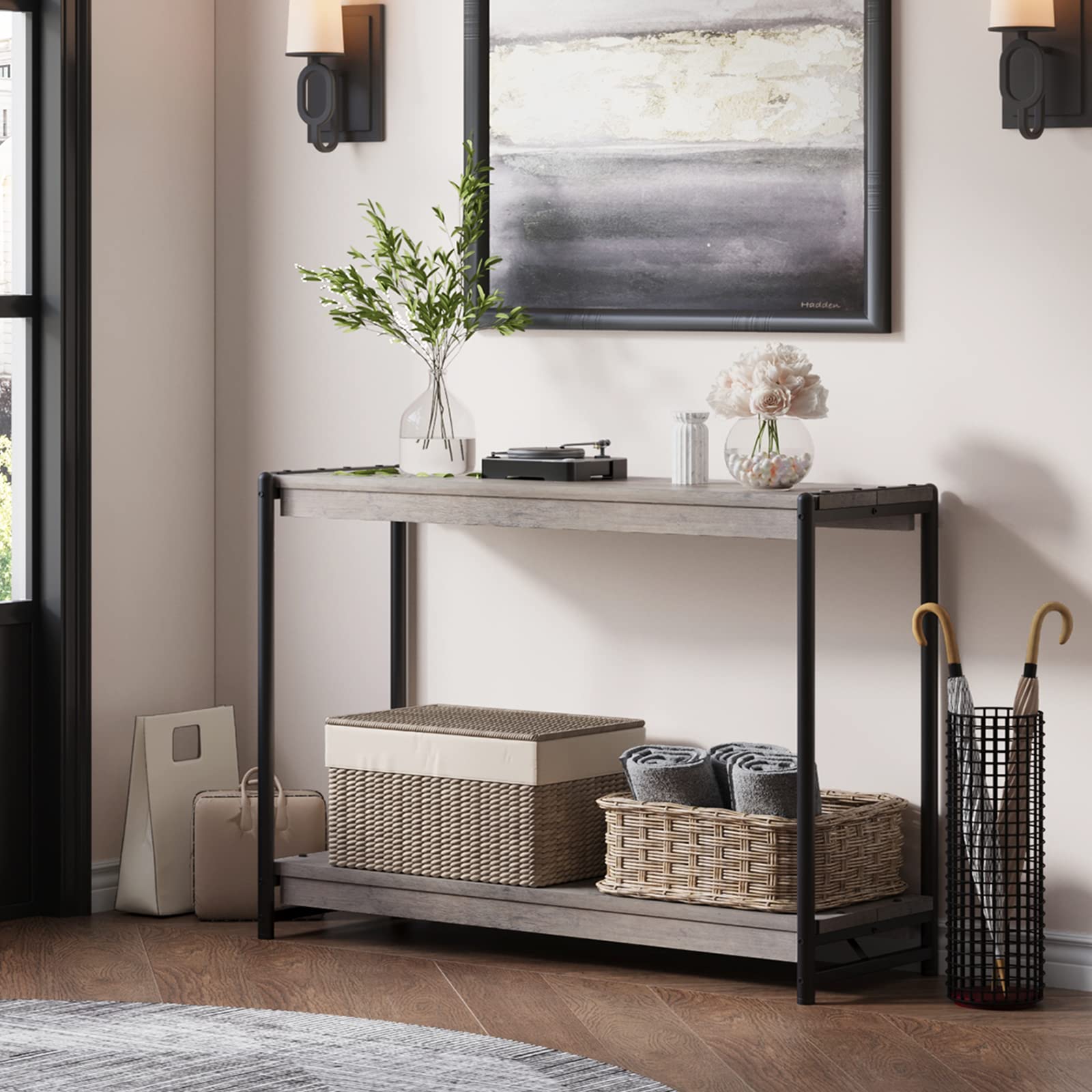 Alt View 5. Jojoka - 40" Console Table, 2-Tier Farmhouse Narrow Entryway Table , Long Sofa Table - Grey.