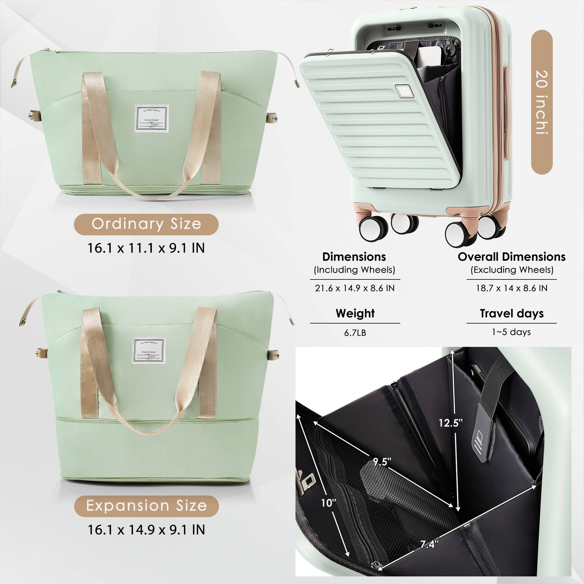 20 inch

Ordinary Size
16.1 x 11.1 x 9.1 IN

Dimensions (Including Wheels)
21.6 x 14.9 x 8.6 IN

Overall Dimensions (Excluding Wheels)
18.7 x 14 x 8.6 IN

Weight
6.7LB

Travel days
1~5 days

Expansion Size
16.1 x 14.9 x 9.1 IN

12.5" 9.5" 10" 7.4"