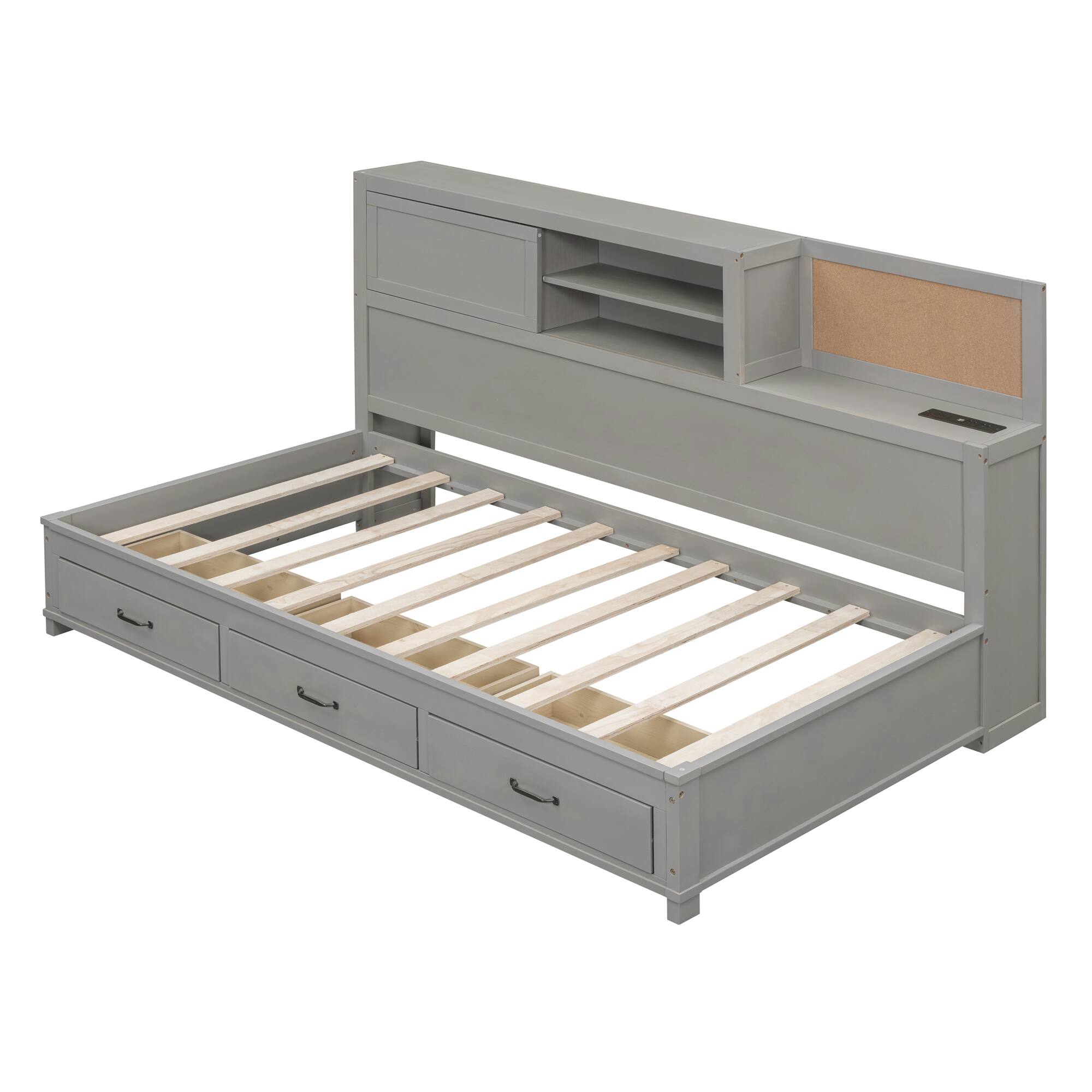 Back. Tiramisubest - Twin Size Wooden Daybed with 3 Storage Drawers, Upper Soft Board, shelf, and a set of Sockets and USB Ports, Gray - Gray.