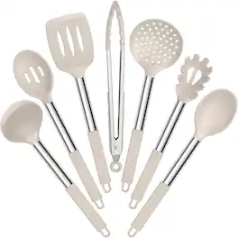 RTMB - Set of 7 Heat-Resistant Silicone Cooking Utensils with Stainless Steel Handles - Khaki
