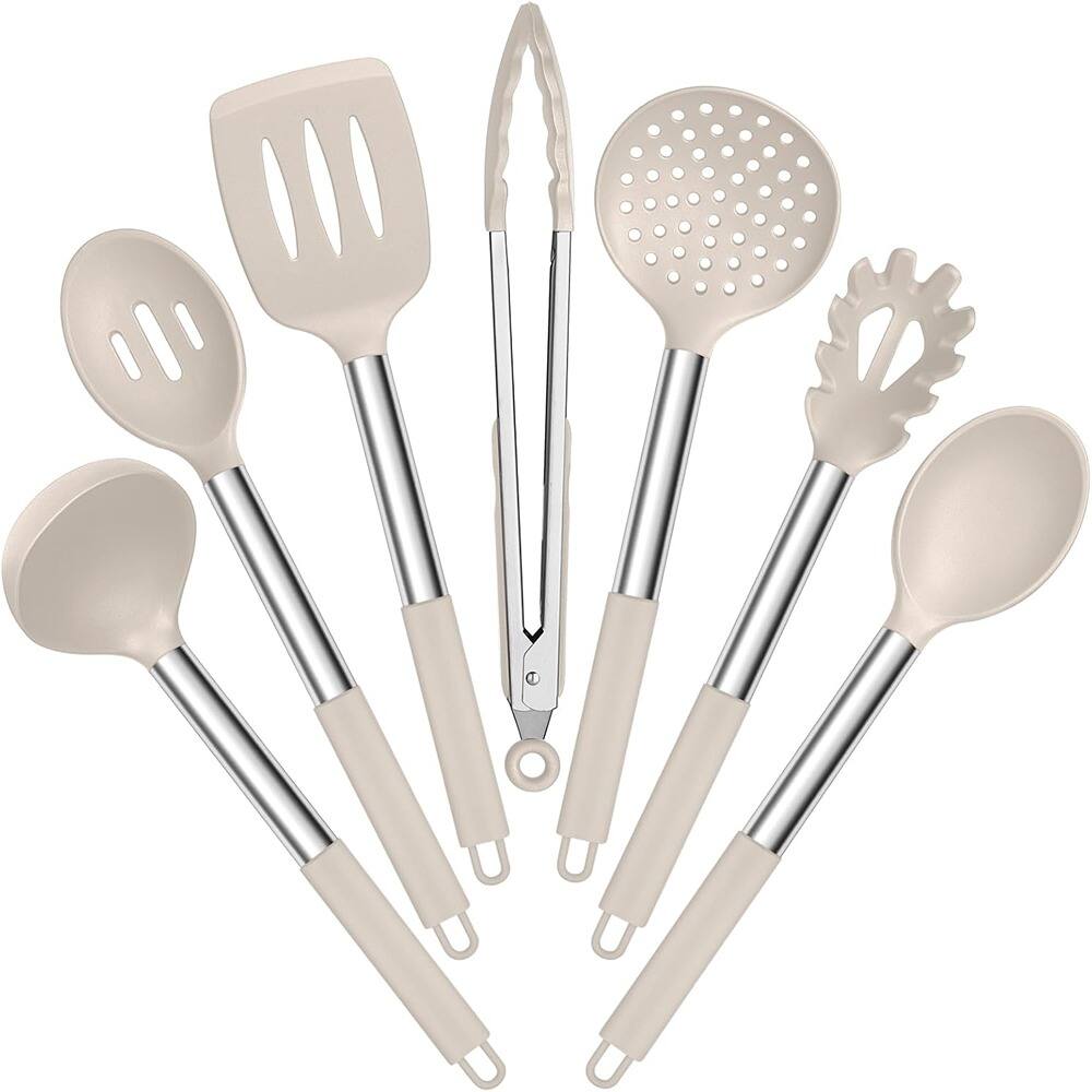 RTMB - Set of 7 Heat-Resistant Silicone Cooking Utensils with Stainless Steel Handles - Khaki