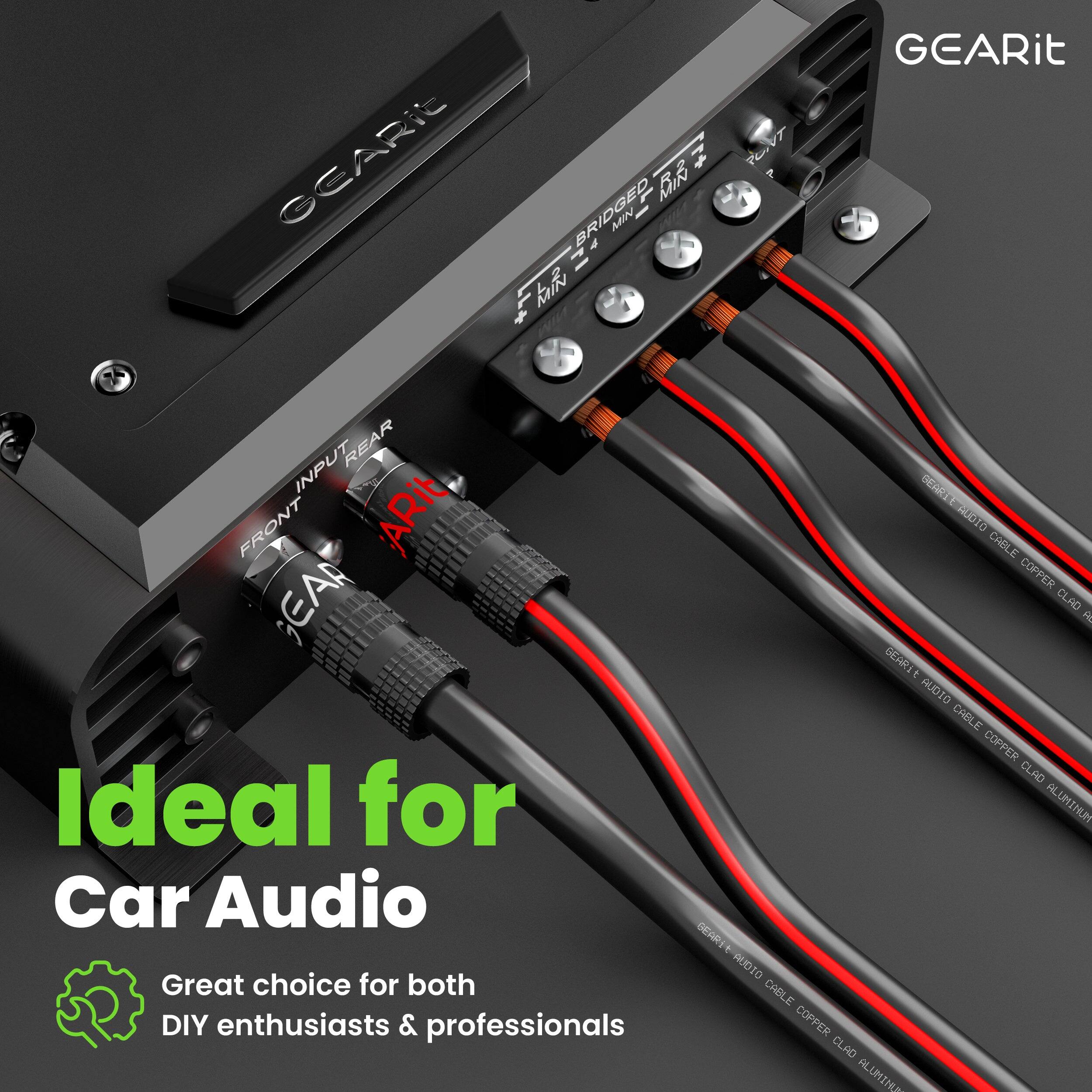 GEARit +11   BRIDGED 4 MIN ki TONUT GEARit INPUT REAR DEARE L FRONT ARit NLOTD CAGLE COPPER EAR CLAD A DEARI 1 AUDIO CABLE COPPER CLAD Ideal for Car Audio Great choice for both DIY enthusiasts & professionals COPPER CLAD ALUMINI