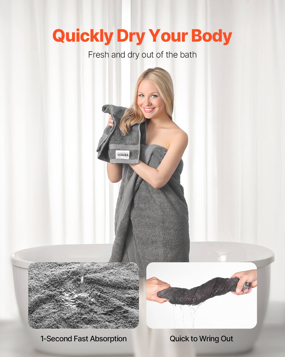 Quickly Dry Your Body  
Fresh and dry out of the bath  

1-Second Fast Absorption  
Quick to Wring Out