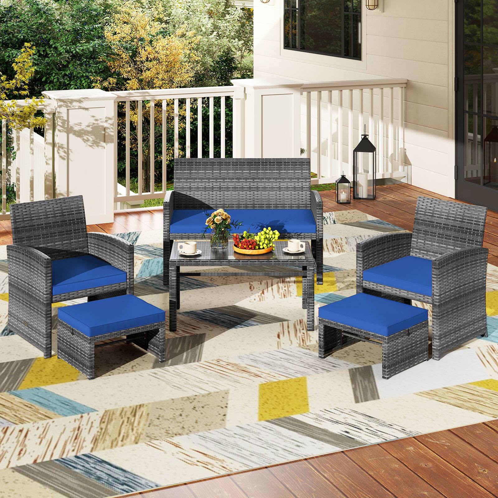 Alt View 3. Costway - Costway 6PCS Patio Furniture Set Outdoor Sectional Conversation PE Rattan Sofa Set - Mix Brown,Navy Blue.
