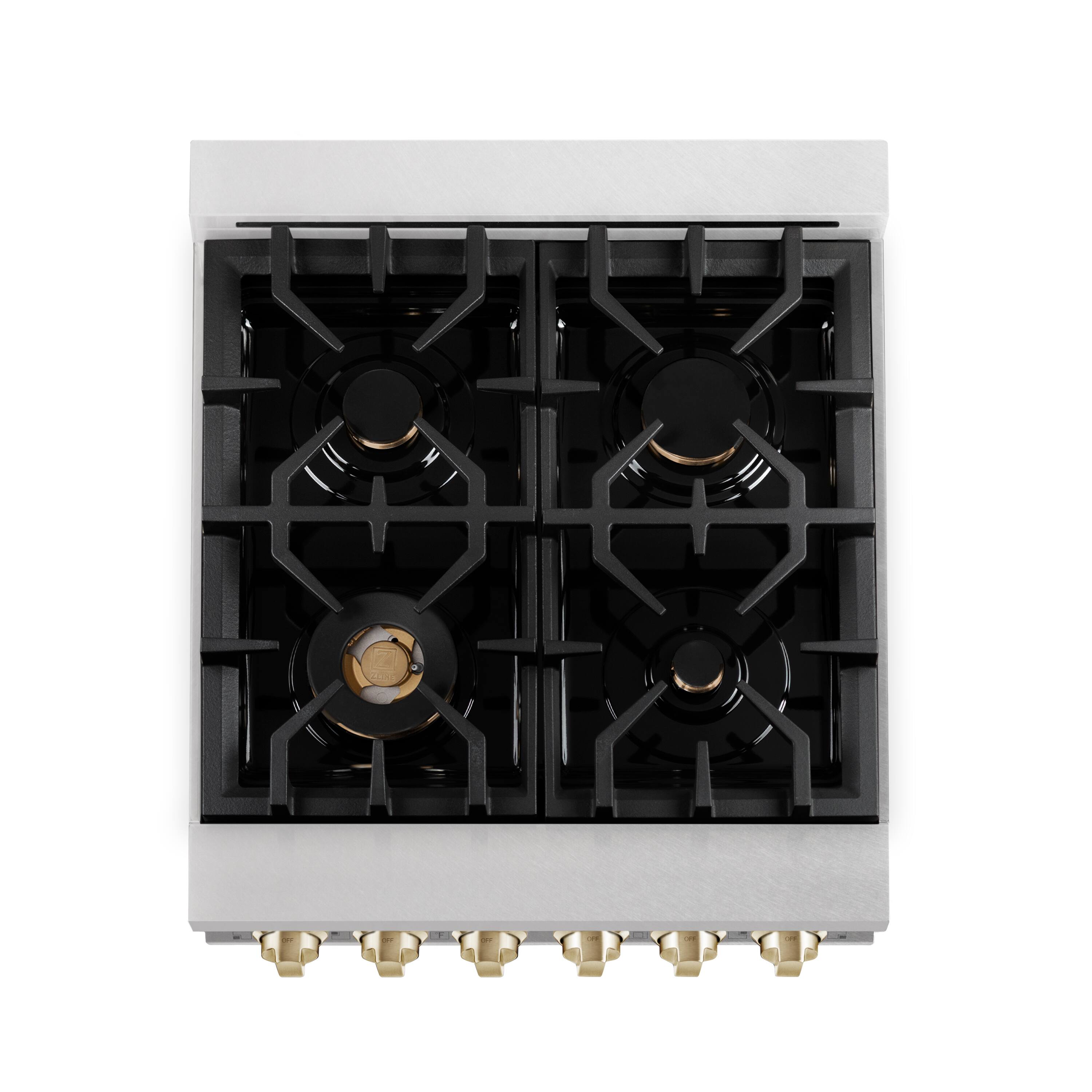 Left. ZLINE - ZLINE Autograph 24 in. Legacy Dual Fuel Range in Satin Steel w/ White & Gold Accents (RASZ-WM-24-G) - White Matte.