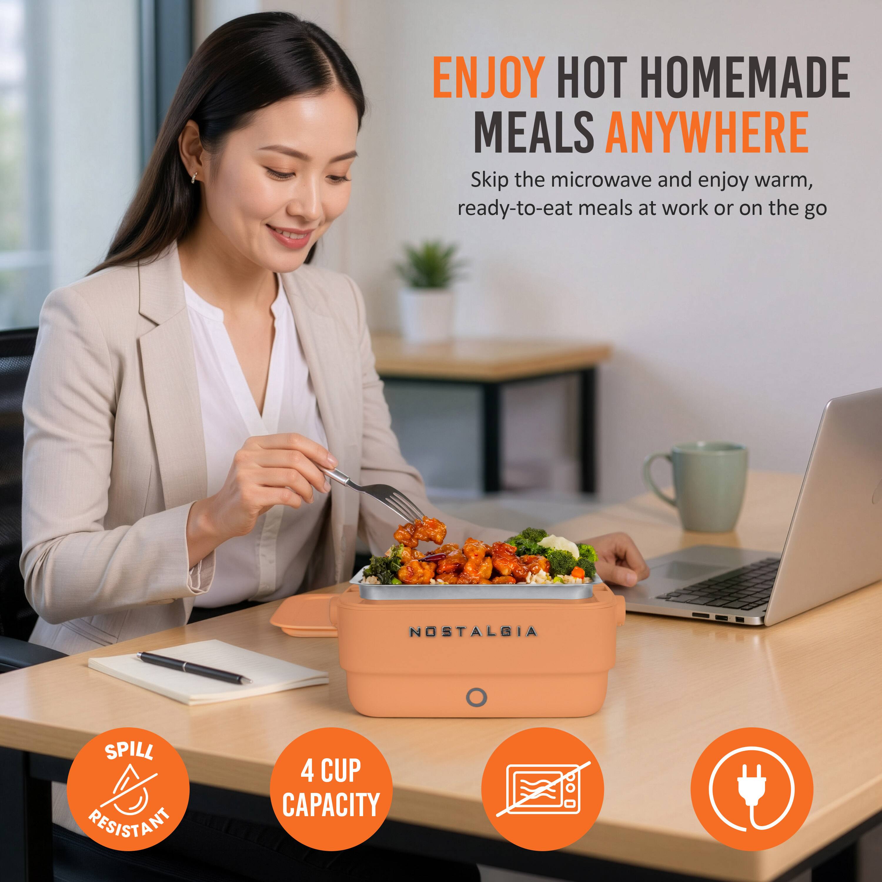 ENJOY HOT HOMEMADE MEALS ANYWHERE  
Skip the microwave and enjoy warm, ready-to-eat meals at work or on the go  

NOSTALGIA  
SPILL RESISTANT  
4 CUP CAPACITY