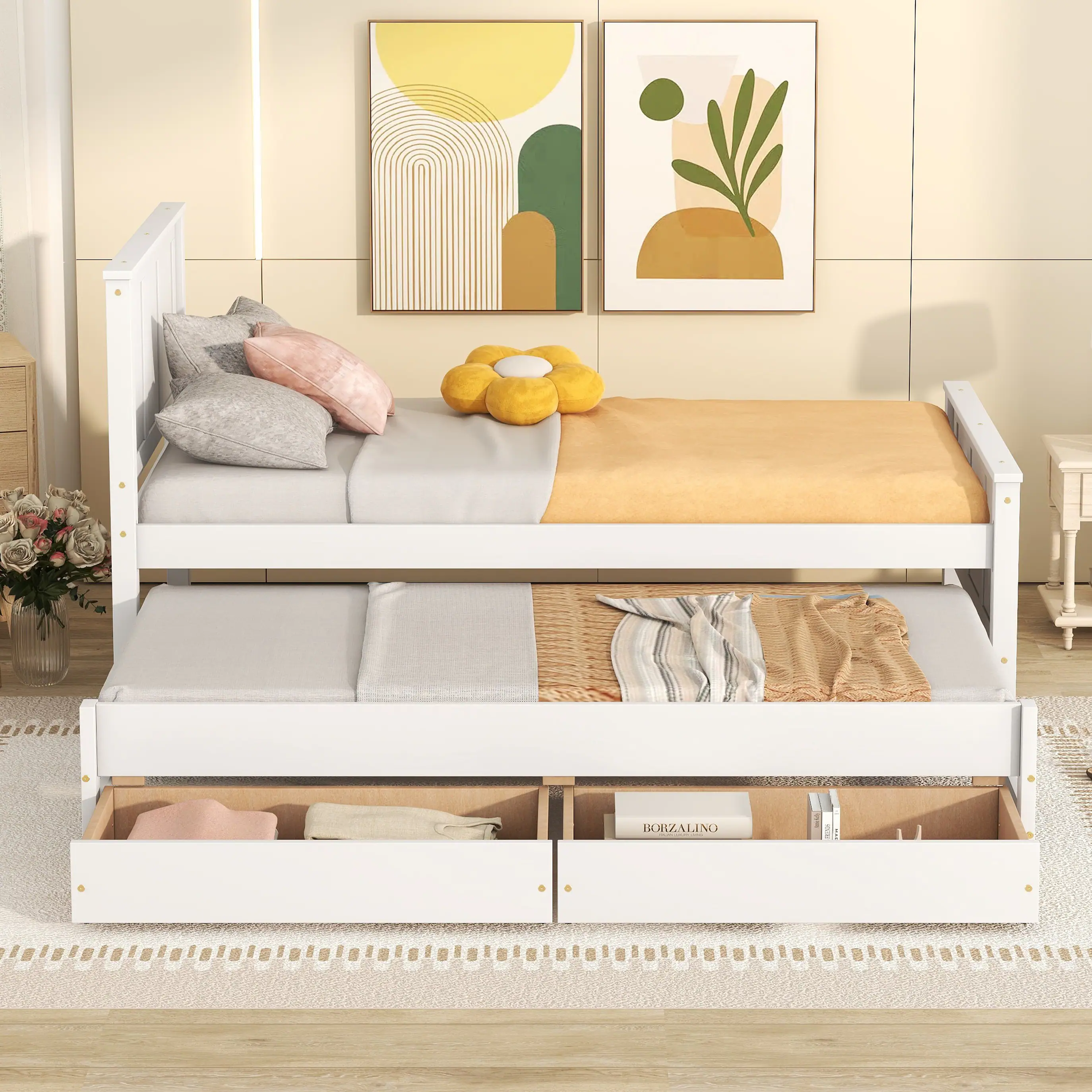 Angle. Whisen - Twin Size Platform Bed Frame with Trundle and 2 Storage Drawers, Wood Bedroom Furniture - White.