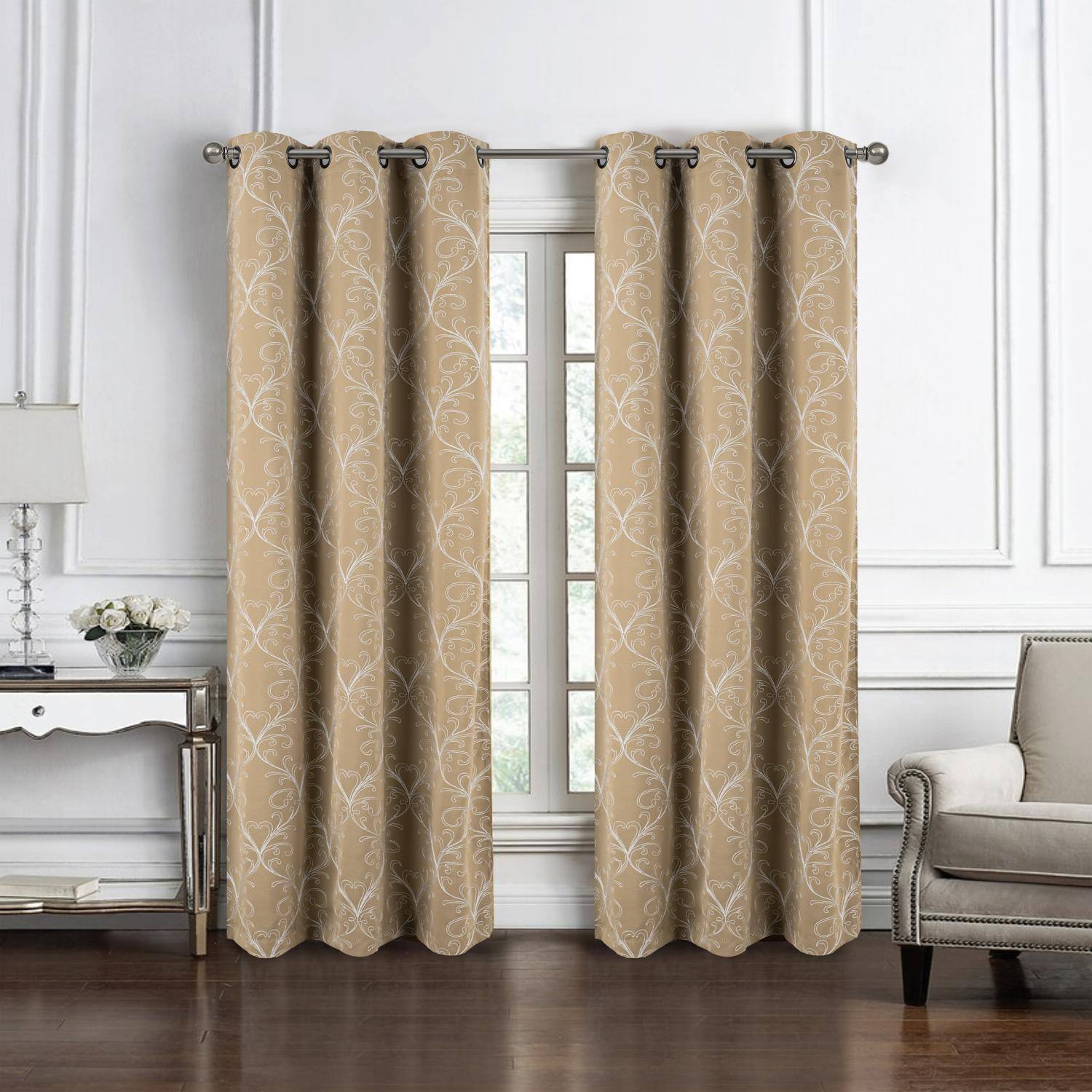 Angle. RT Designers Collection - RT Designer Collection Kimber Embroidered Blackout Luxurious Decorative Grommet Curtain Panel 54" x 84" Taupe - Taupe.