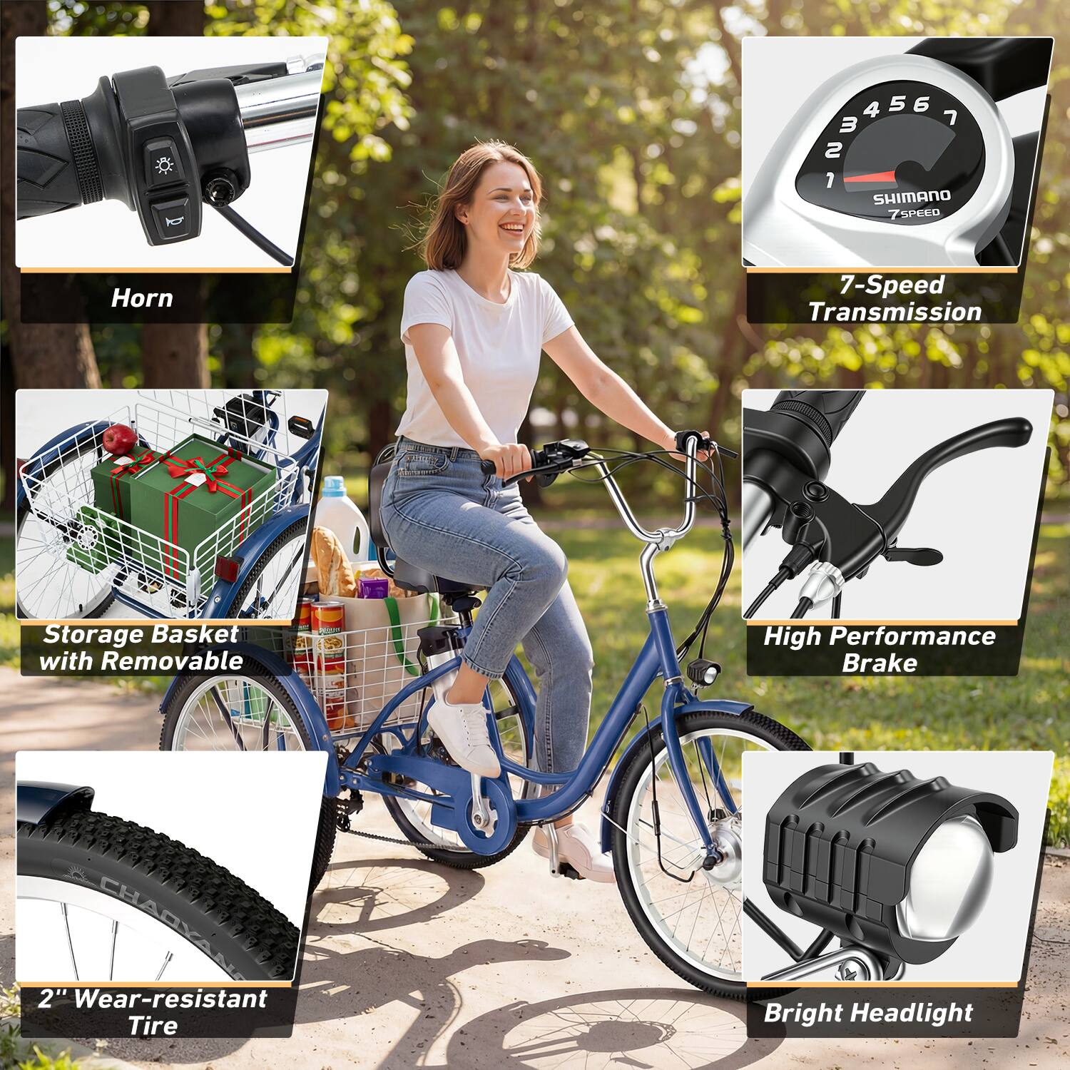 5 234561 2 1 SHIMANO 7SPEED Horn 7-Speed Transmission Storage Basket with Removable High Performance Brake 2" Wear-resistant Tire Bright Headlight
