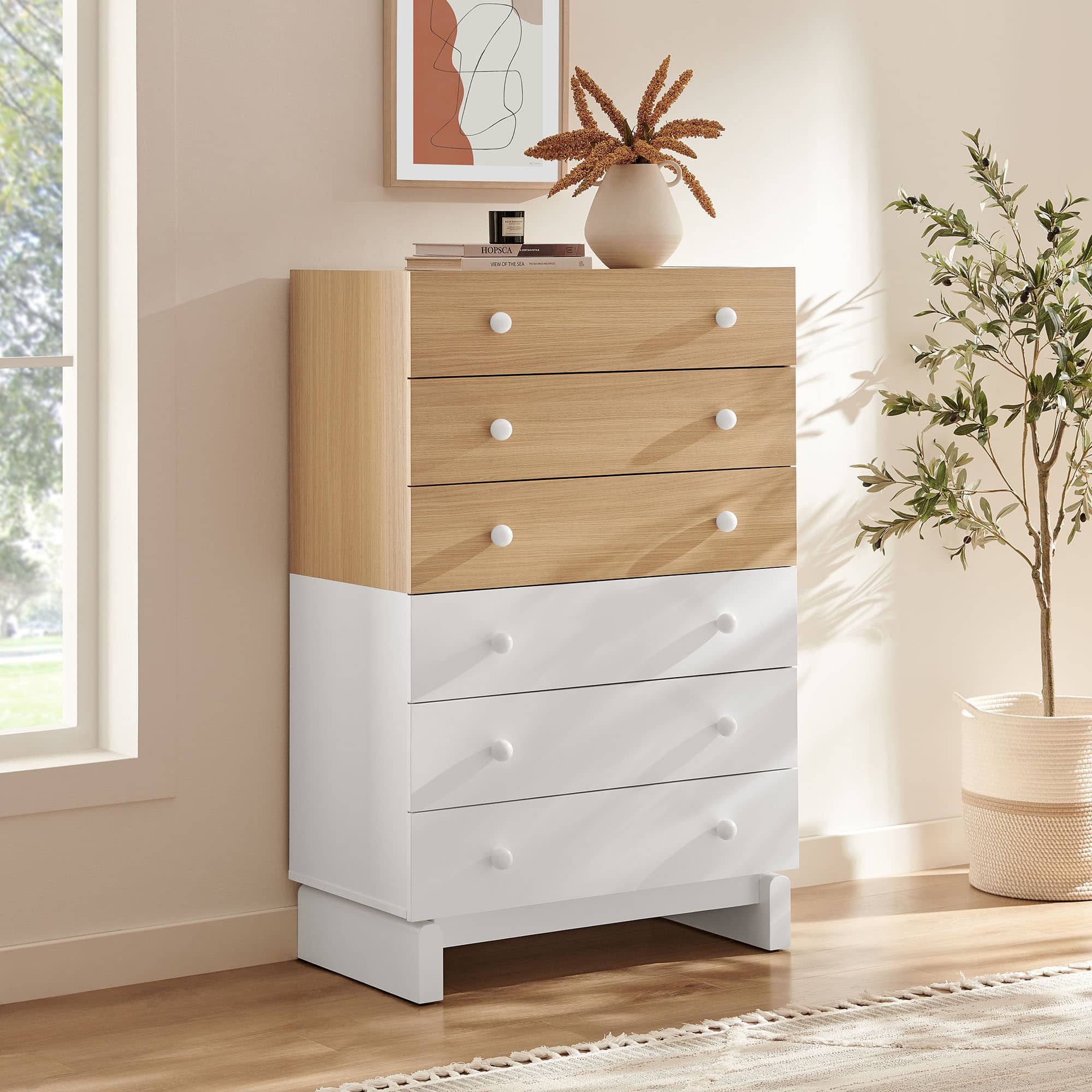 Nolia 6-Drawer Color Block Dresser Chest by Modway - Oak White