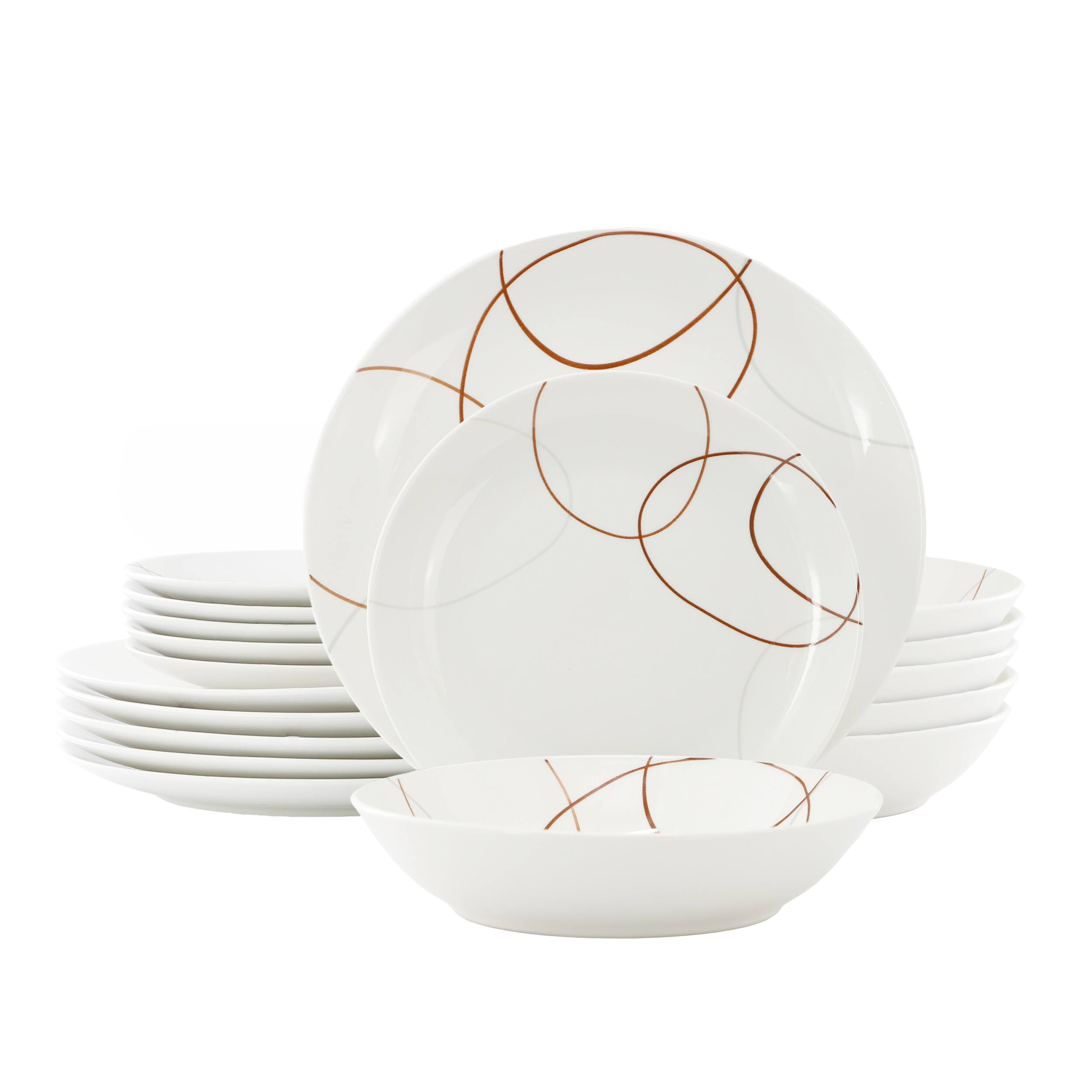 Front. Elama - Elama Sydney 18 Piece Porcelain Dinnerware Set, Service for 6 - White and Brown.