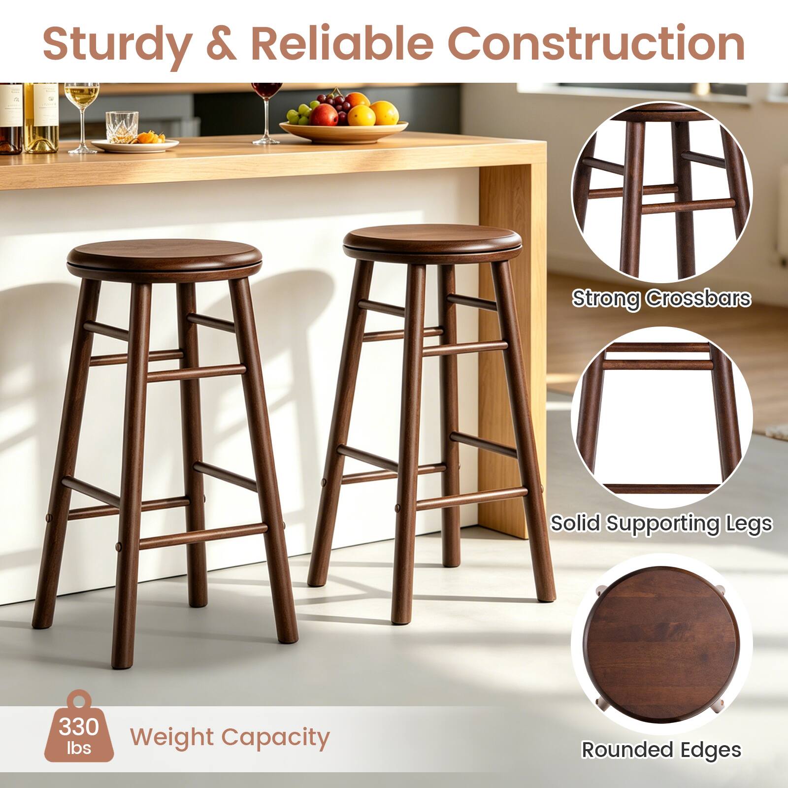 Sturdy & Reliable Construction  
Strong Crossbars  
Solid Supporting Legs  
330 lbs Weight Capacity  
Rounded Edges