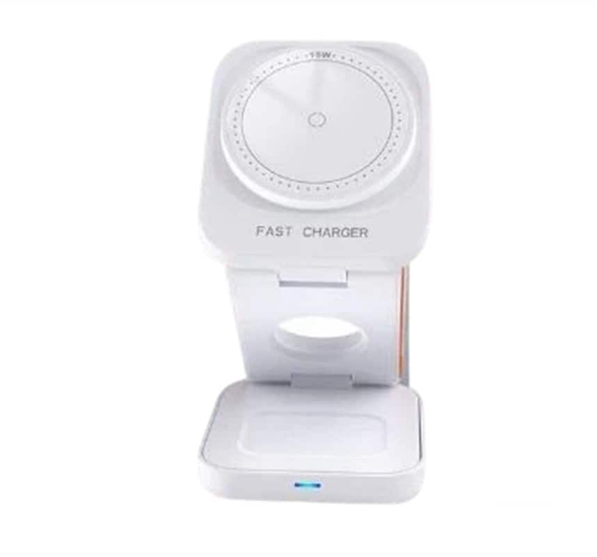 RISOKEYS - 3-in-1 Wireless Charger - Desktop Standing Foldable - 15W Magnetic Phone Stand Wireless Charger - White