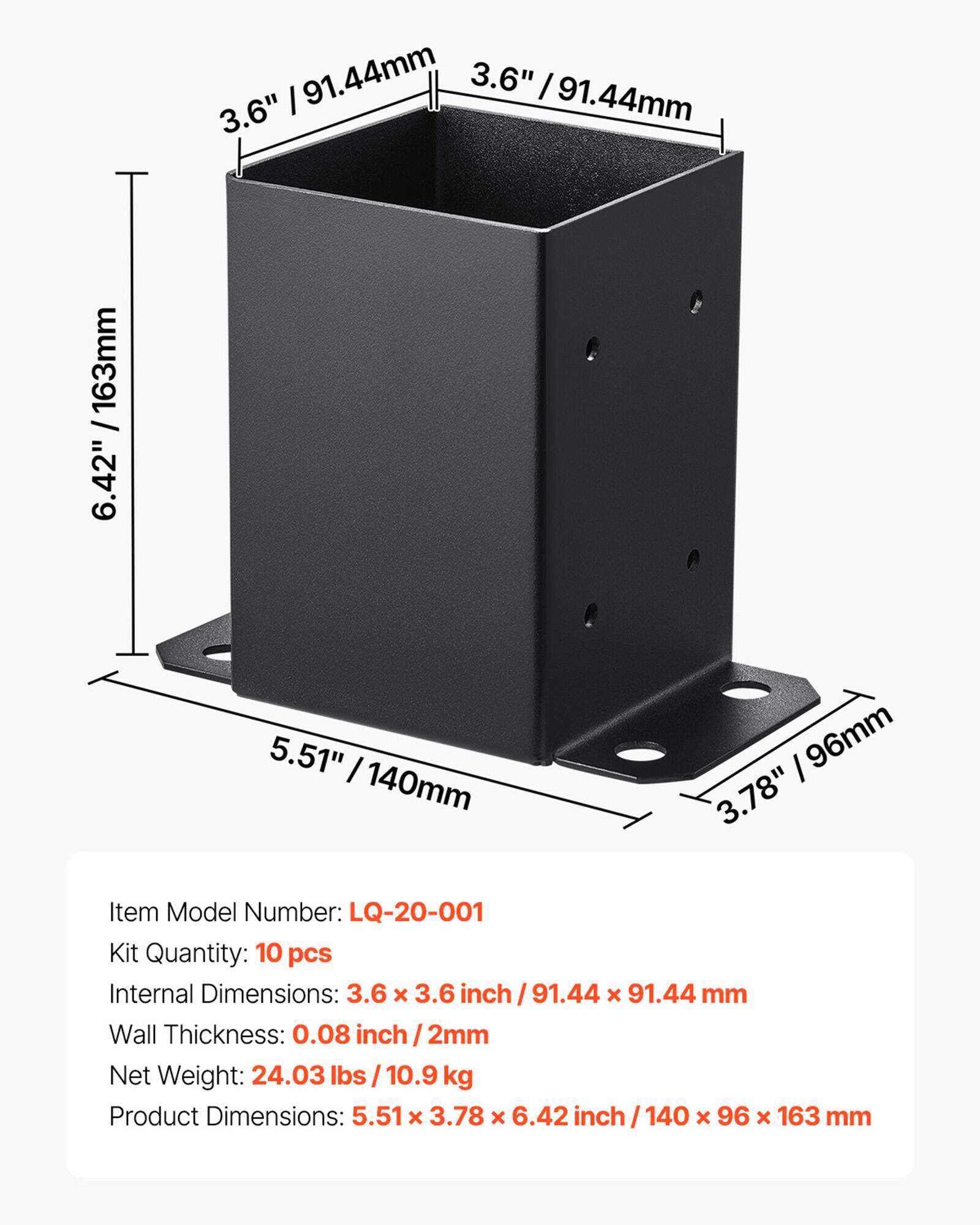 Item Model Number: LQ-20-001  
Kit Quantity: 10 pcs  
Internal Dimensions: 3.6 x 3.6 inch / 91.44 x 91.44 mm  
Wall Thickness: 0.08 inch / 2mm  
Net Weight: 24.03 lbs / 10.9 kg  
Product Dimensions: 5.51 x 3.78 x 6.42 inch / 140 x 96 x 163 mm