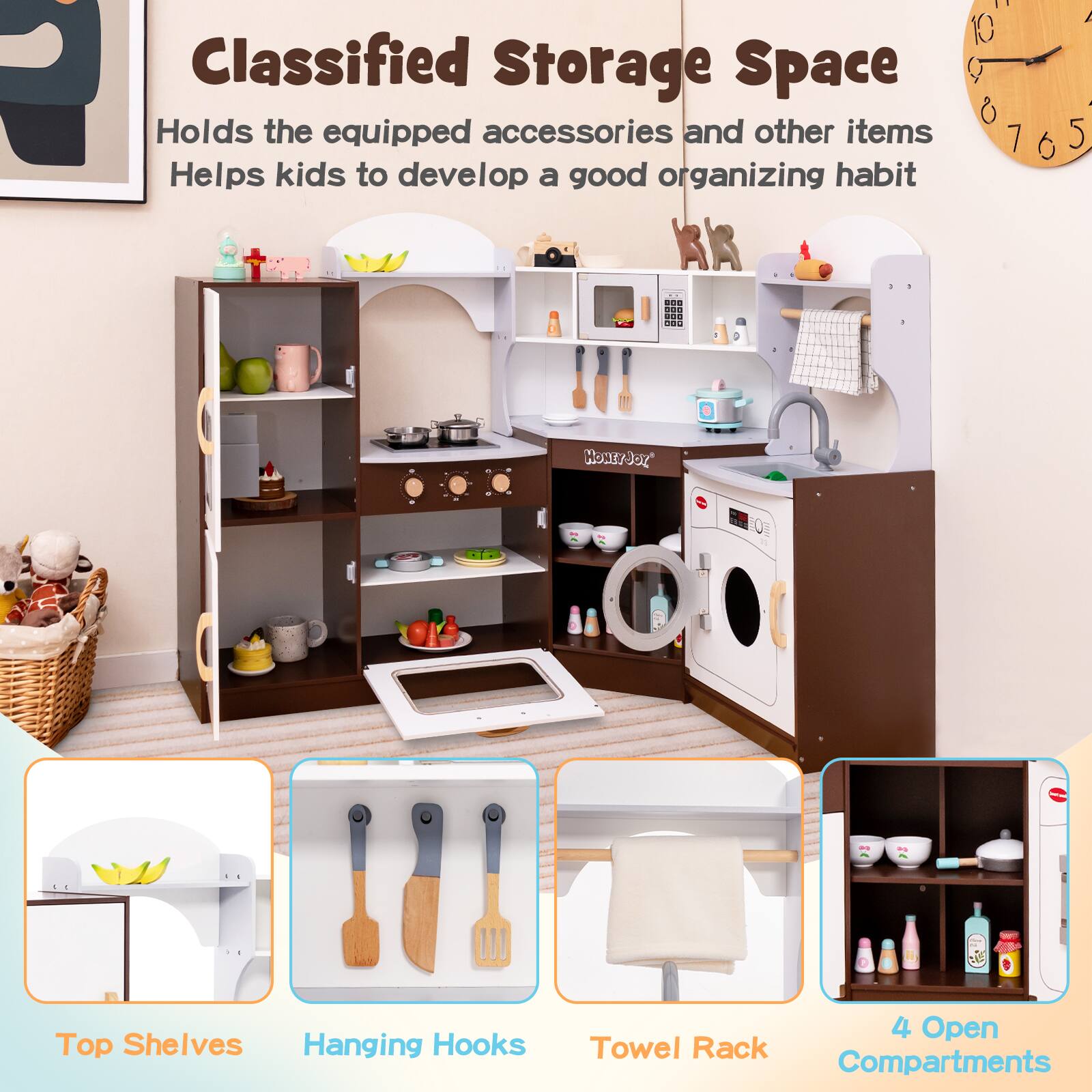 J Classified Storage Space Holds the equipped accessories and other items Helps kids to develop a good organizing habit - 10 Q 0 7 A 6 5 +.. Hox73or OE - - Top Shelves Hanging Hooks 4 Open Towel Rack Compartments