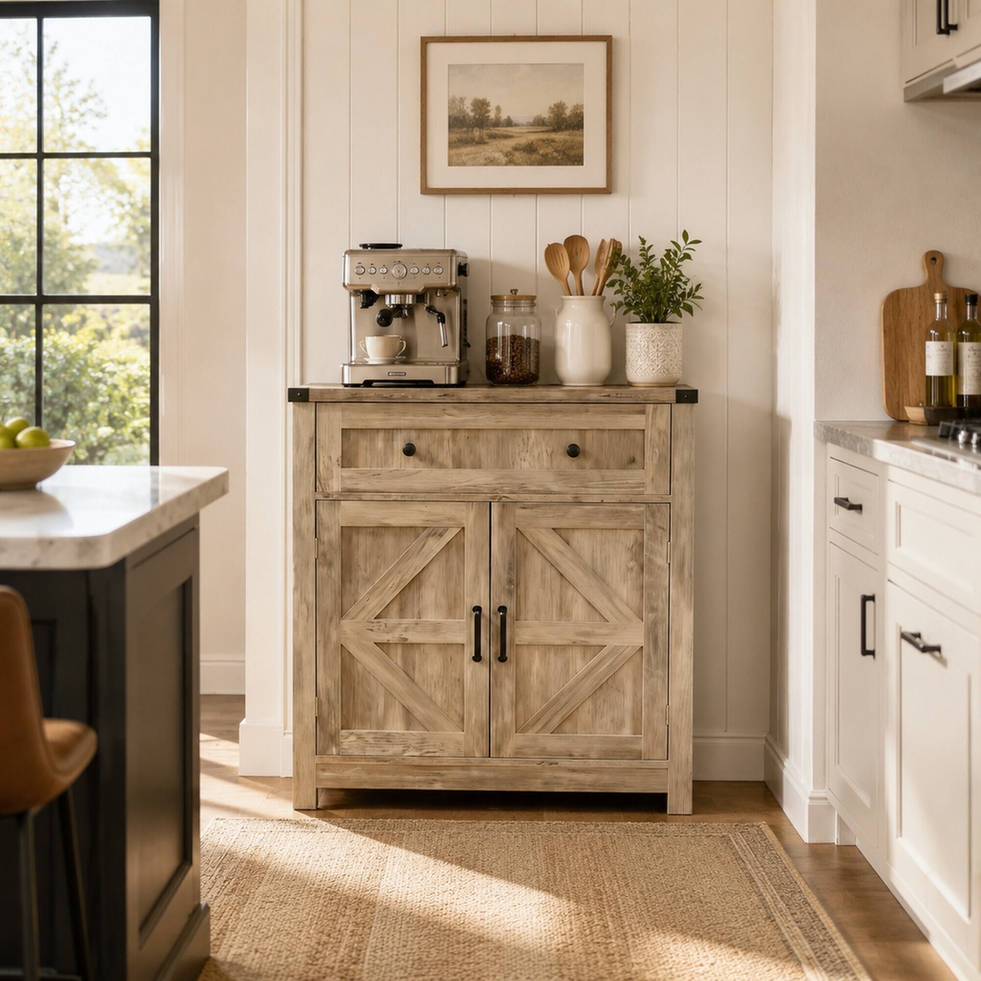 Angle. RYHNUYNE - Freestanding Farmhouse Barn-Door Storage Cabinet with Drawer, Coffee Bar Buffet Sideboard, Light Gray - Light Gray.