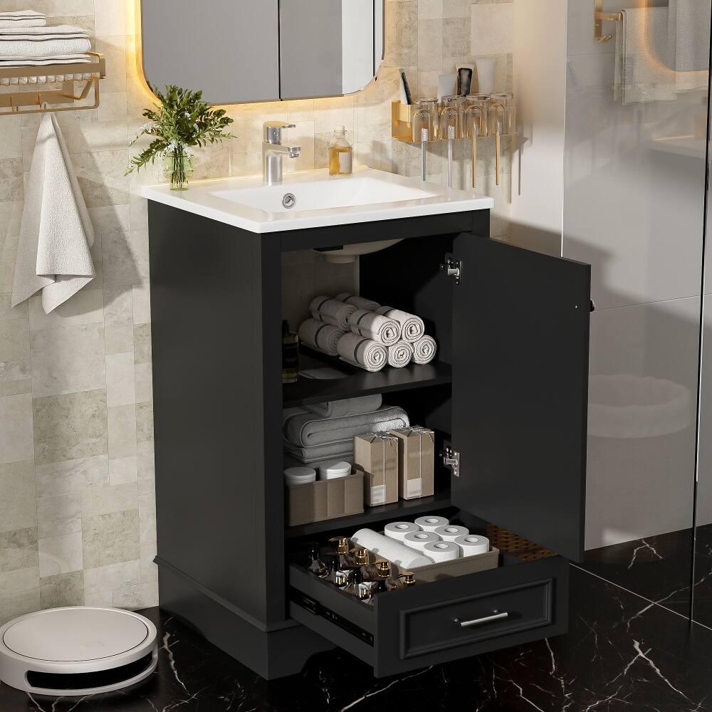 Back. Loheer - Loheer 20 Inch Bathroom Vanity with Sink, Black Freestanding Vanity, One Drawer & Adjustable Shelf - Black.