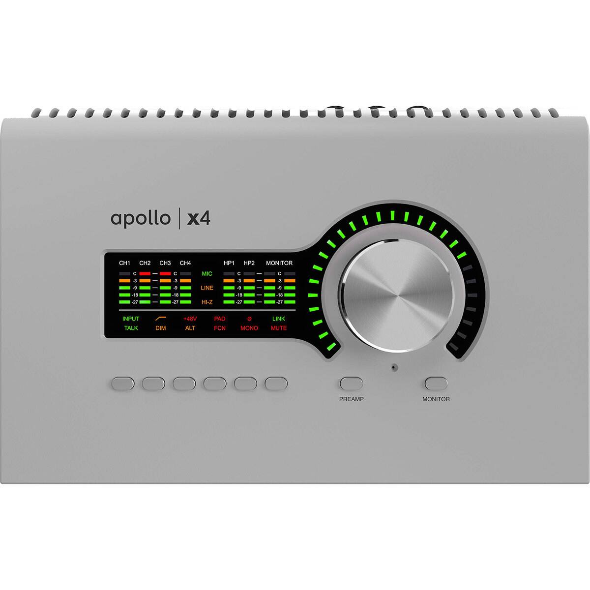 apollo x4  
CH1 CH2 CH3 CH4  
HP1 HP2  
MONITOR  
MIC LINE HI-Z  
INPUT TALK DIM ALT PAD FON D MONO LINK MUTE  
PREAMP  
MONITOR