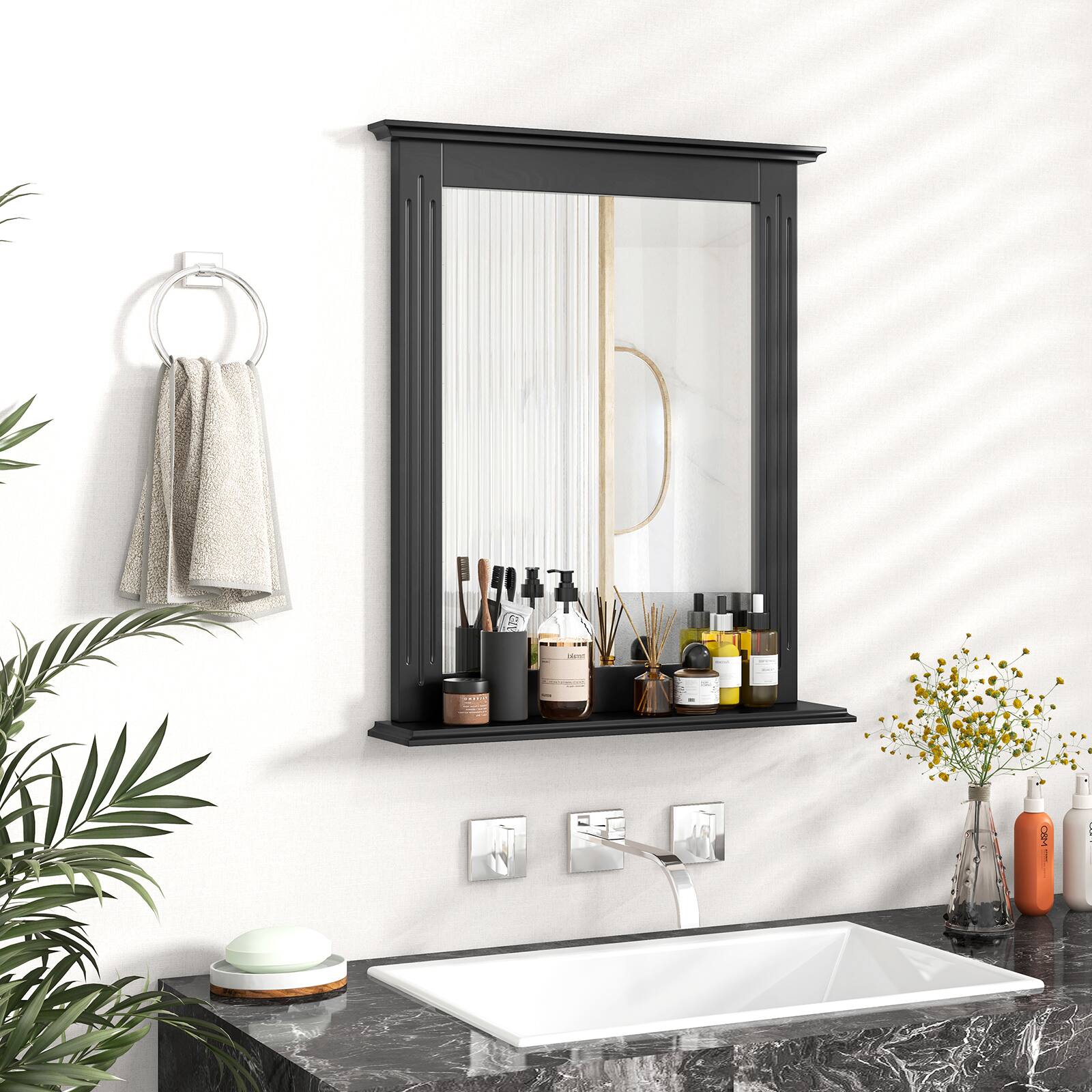Alt View 3. Gymax - Gymax Bathroom Wall-Mounted Mirror w/ Shelf Vanity Makeup Mirror Multipurpose White - Black.