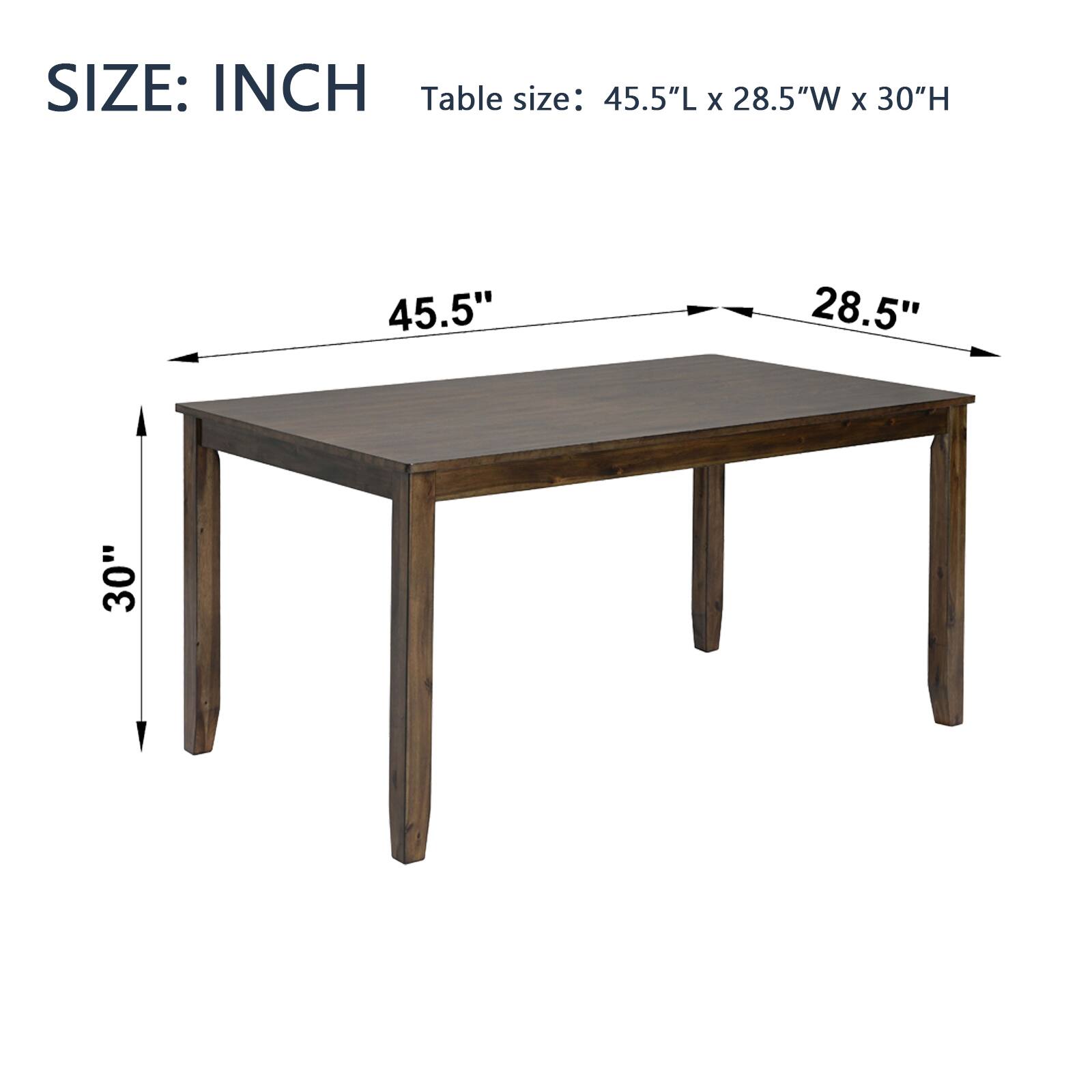SIZE: INCH  
Table size: 45.5"L x 28.5"W x 30"H  

45.5"  
28.5"  
30"