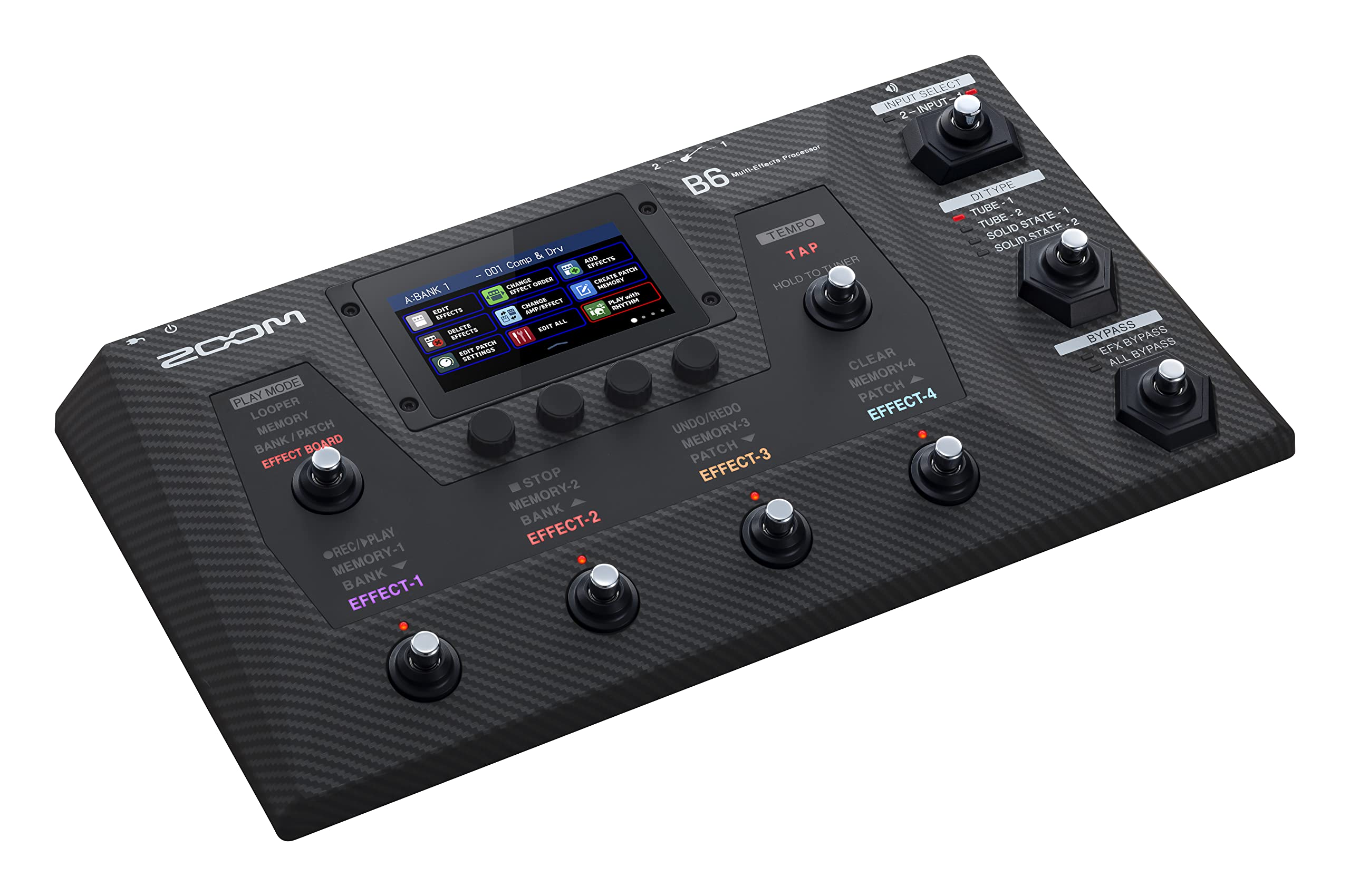 SELECT INPUT INPUT 2

Processor MultiEffect: B6

DI TYPE: TUBE 1, TUBE 2, SOLID STATE 1, SOLID STATE 2

Drv TAP SOLID & MVD Comp 1000 SSECTS TO TUNER 001

PATOL 1 EVIANCE BREAK MEMSBY HOLD A:BANK 000 SPEGS C WE

with CHANGE INVEFFECT SANY EFFECTS ALL DELETE - BYPASS MCOS EFFECTS

BYPASS PLILIA EFX BYPASS 2017 1.95% WV CLEAR ALL MODE MEMORY-4 PLAY PATCH LOOPER UNDO/REDO EFFECT-4 MEMORY PATCH MEMORY-3 BANK BOARD PATCH EFFECT EFFECT-3 STOP MEMORY-2 BANK EFFECT-2 MEMORY-1 BANK EFFECT-1