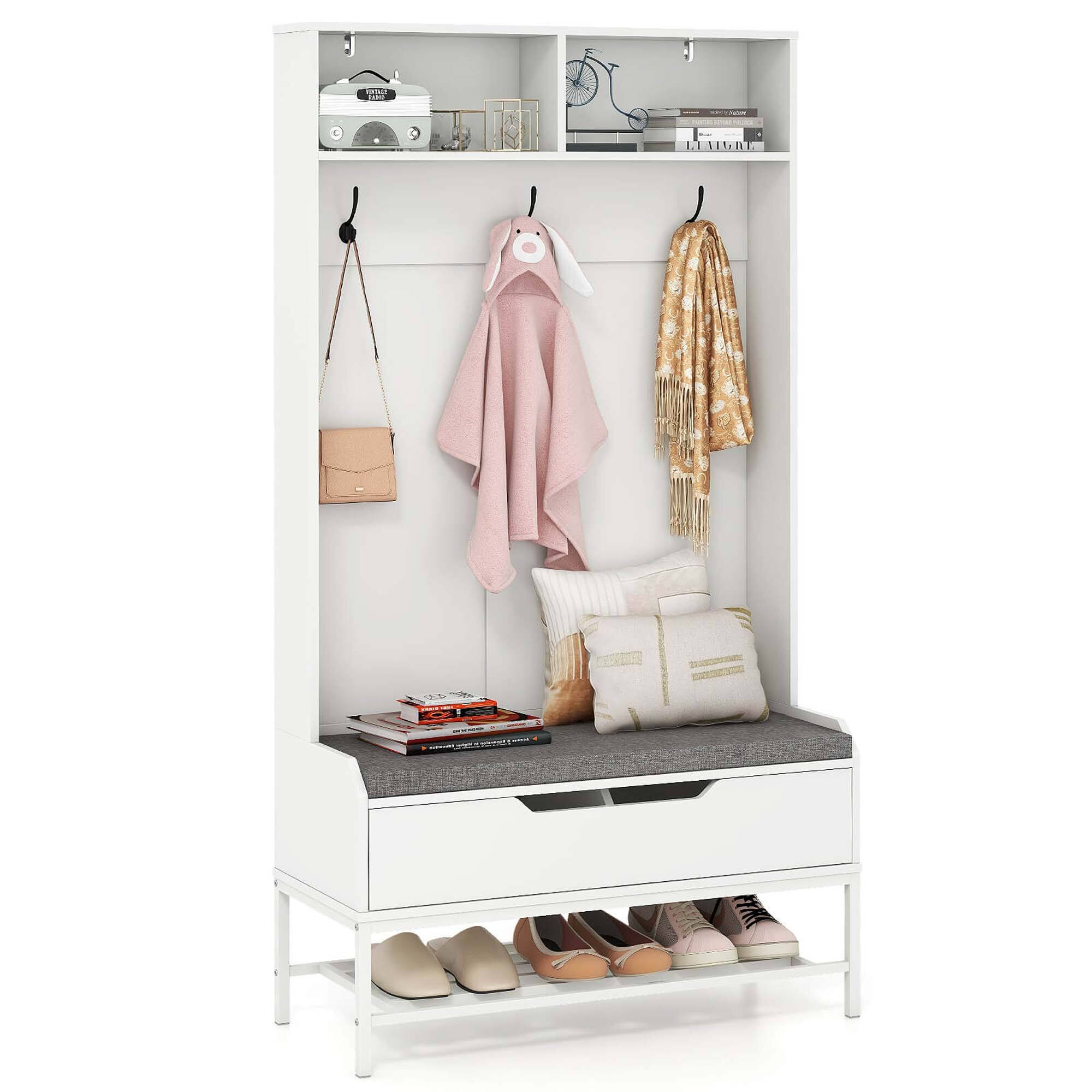 Costway - 69" Tall Hall Tree with Seat Cushion Open Compartments Hooks Lift-top Storage - White